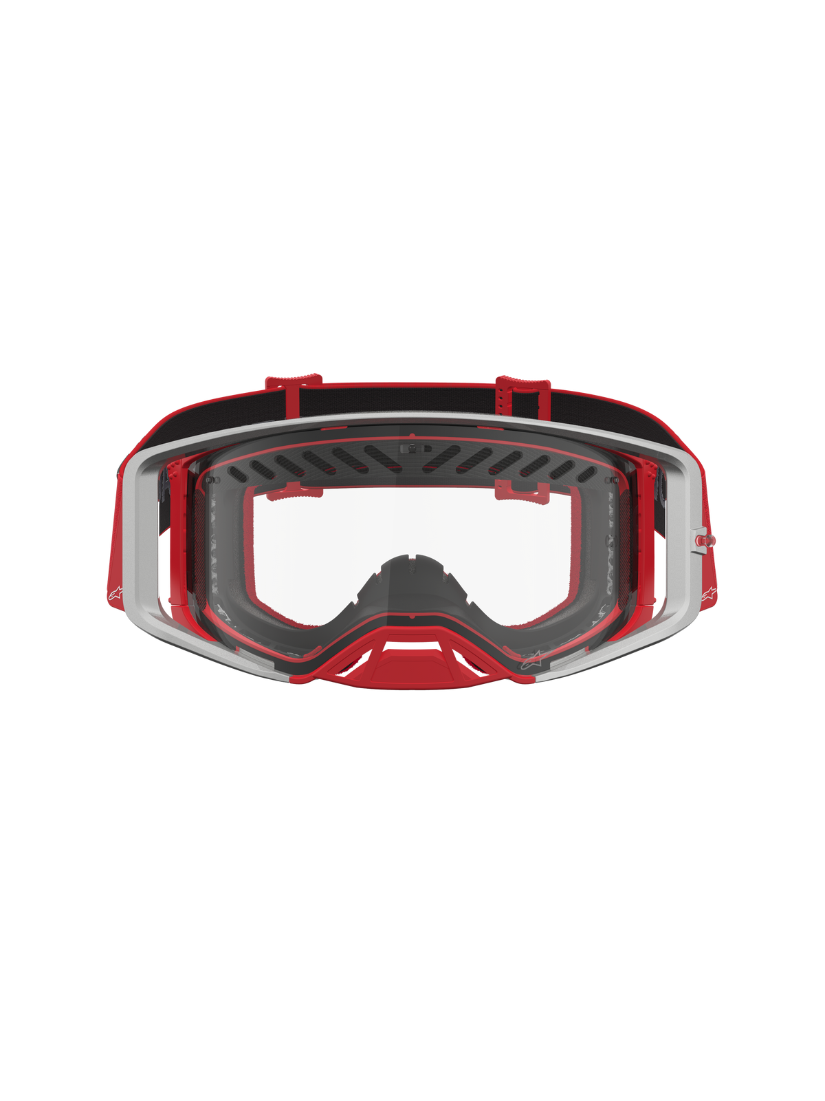 Alpinestars Supertech Dura Air Fluid Goggles, professionelle motocrossbriller i rød og sølv med klar polycarbonatlinse.