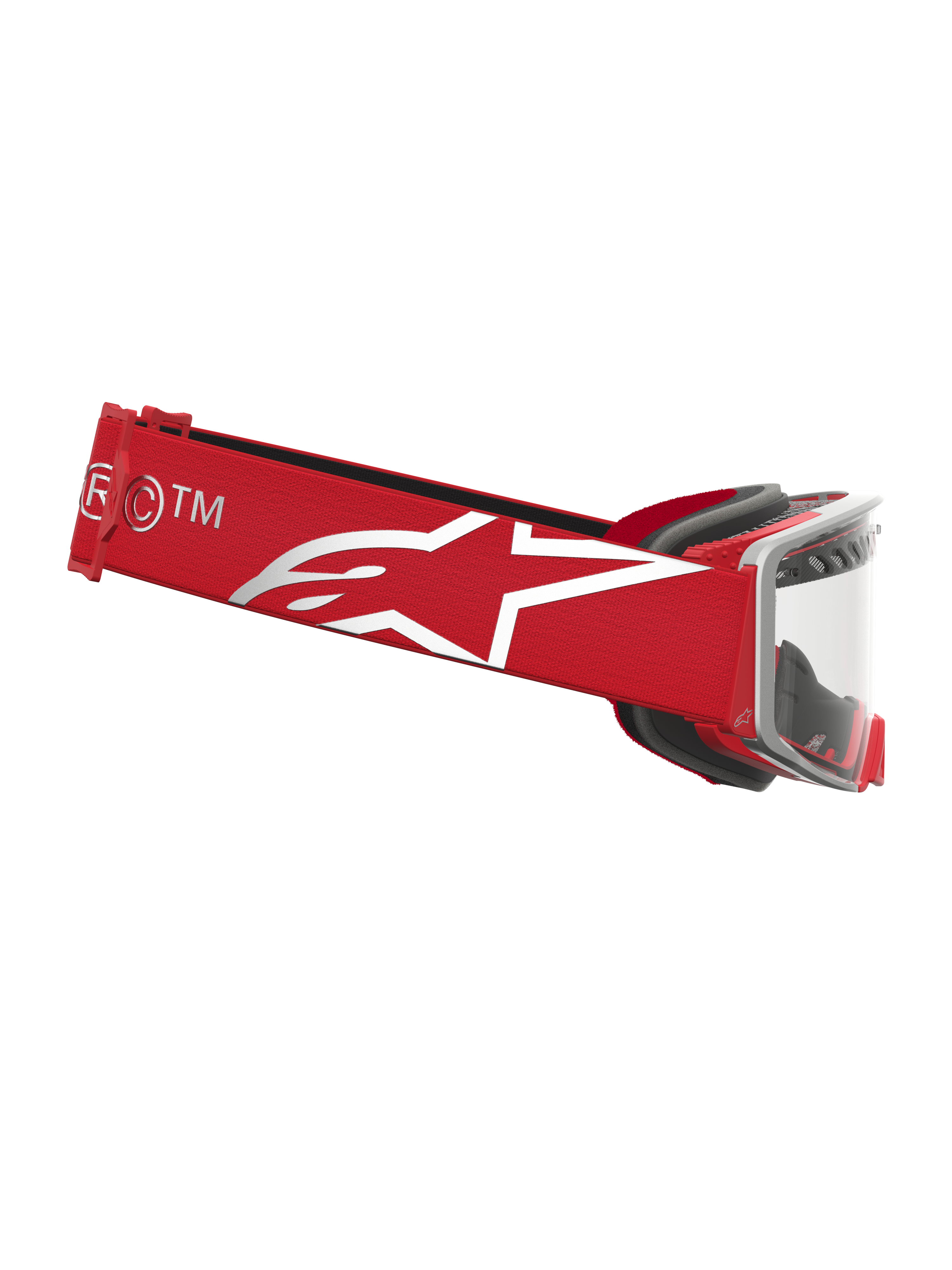 Alpinestars Supertech Dura Air Fluid Goggles, Motocross Racing Goggles in Red and Silver with clear lens and white star logo.