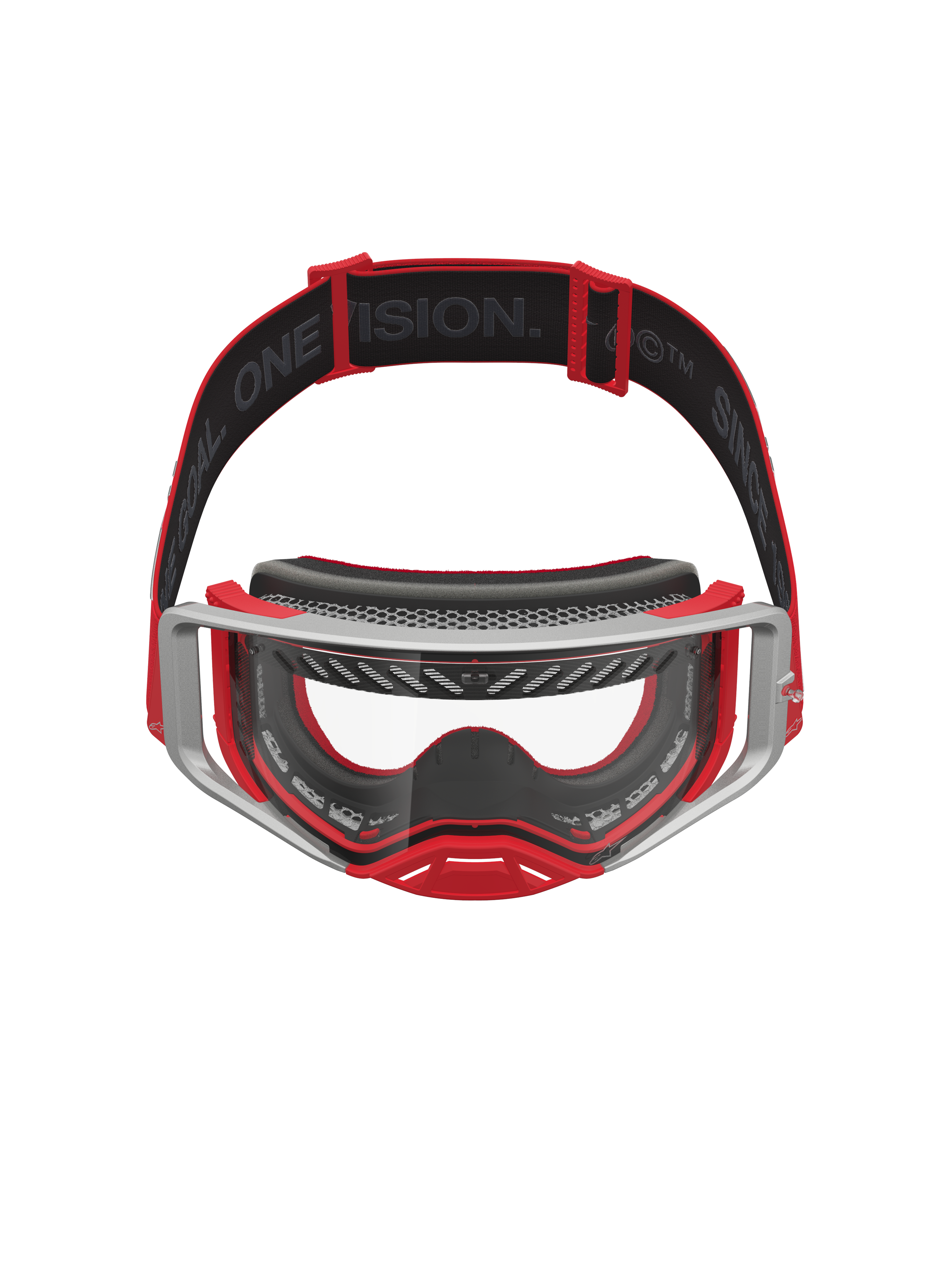 Alpinestars Supertech Dura Air Fluid Goggles, Red and Silver Motocross Goggles with a clear lens and advanced airflow system.