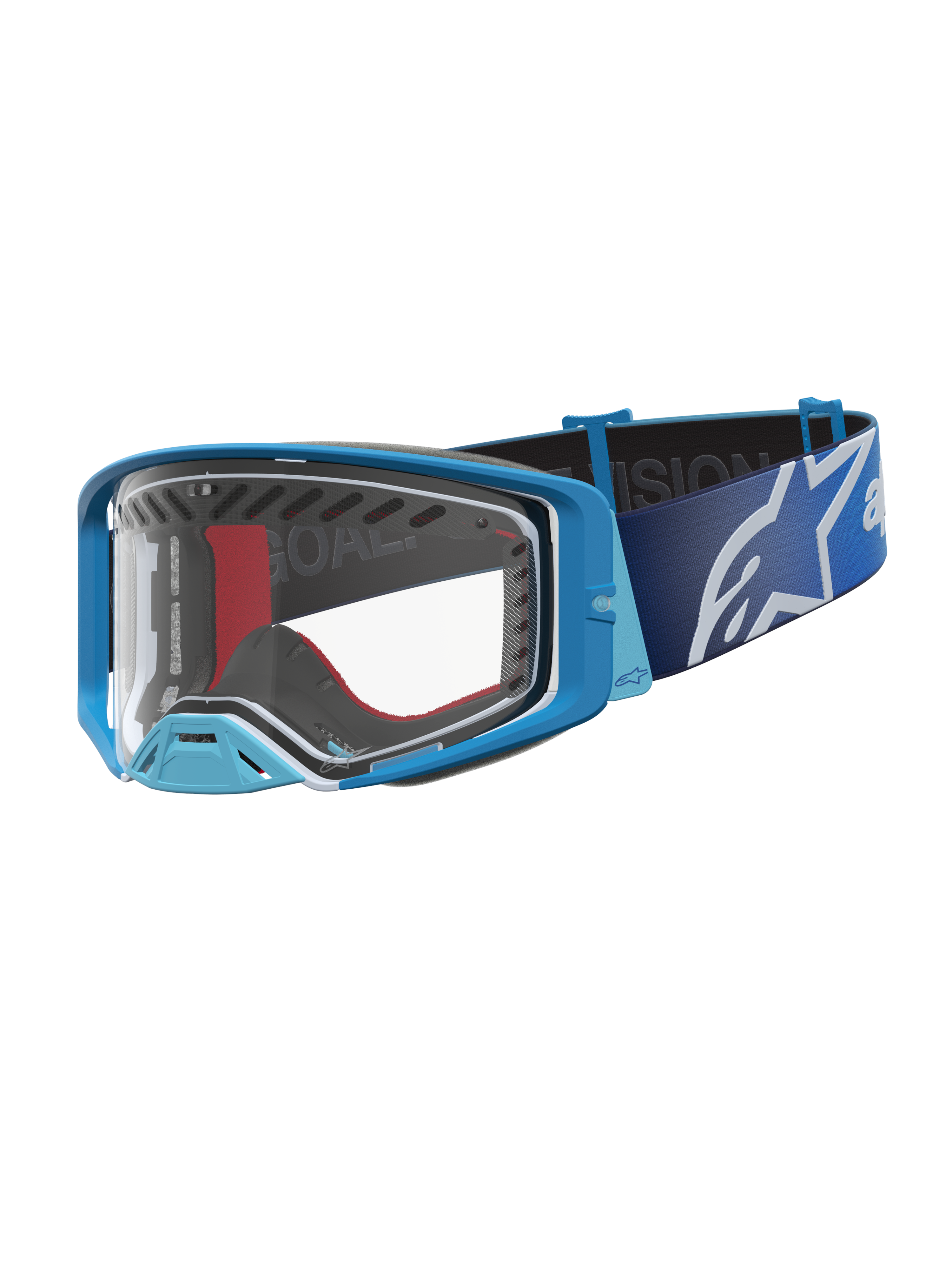 Alpinestars Supertech Dura Air Fluid goggles, motocross-goggles, blå og sølv, klar linse, optimeret til off-road racing og terrænkørsel.