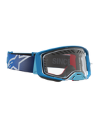 Alpinestars Supertech Dura Air Fluid goggles til motocross, blå og sølv med klar linse og ventileret plastikramme.