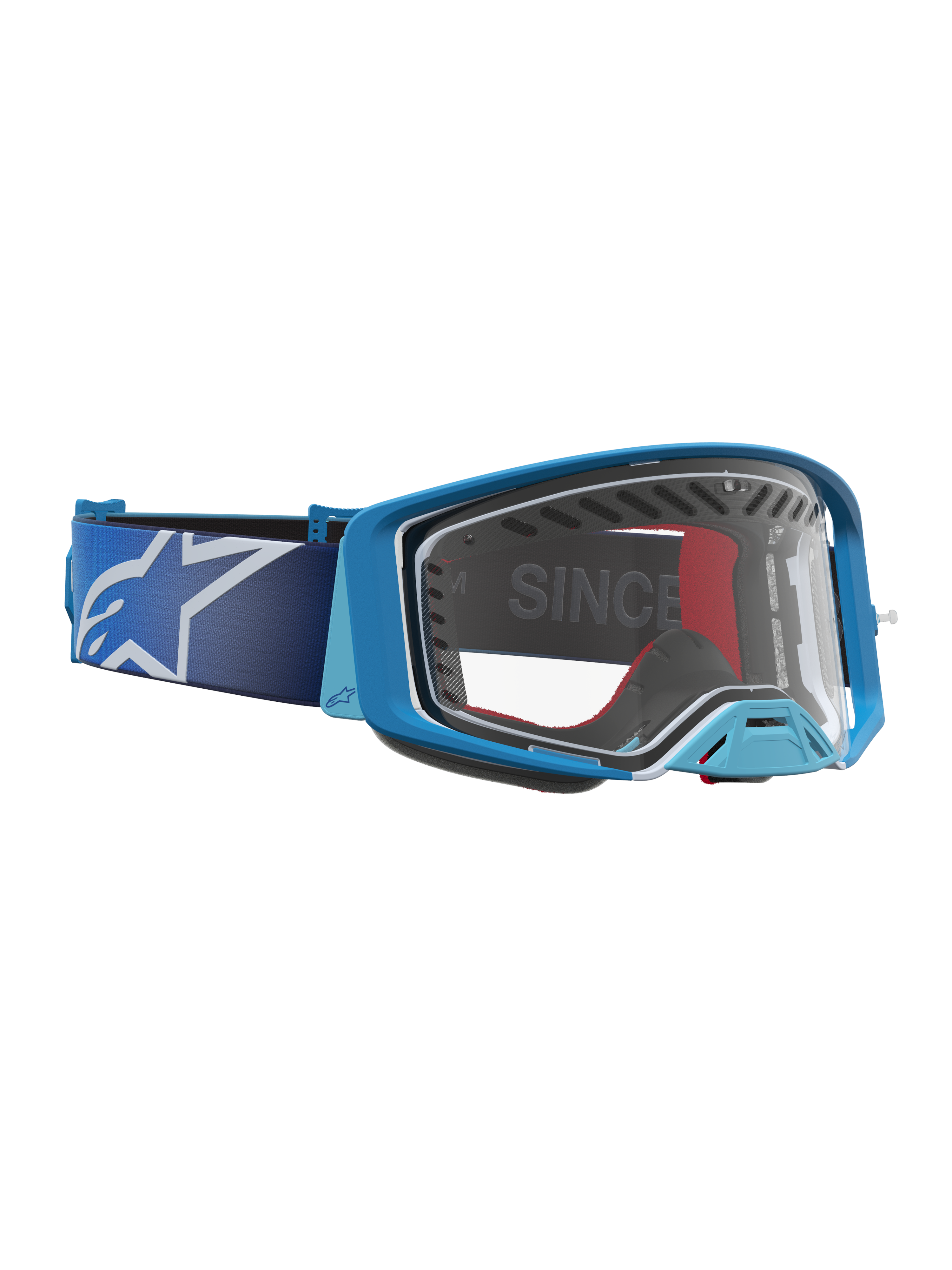 Alpinestars Supertech Dura Air Fluid goggles til motocross, blå og sølv med klar linse og ventileret plastikramme.