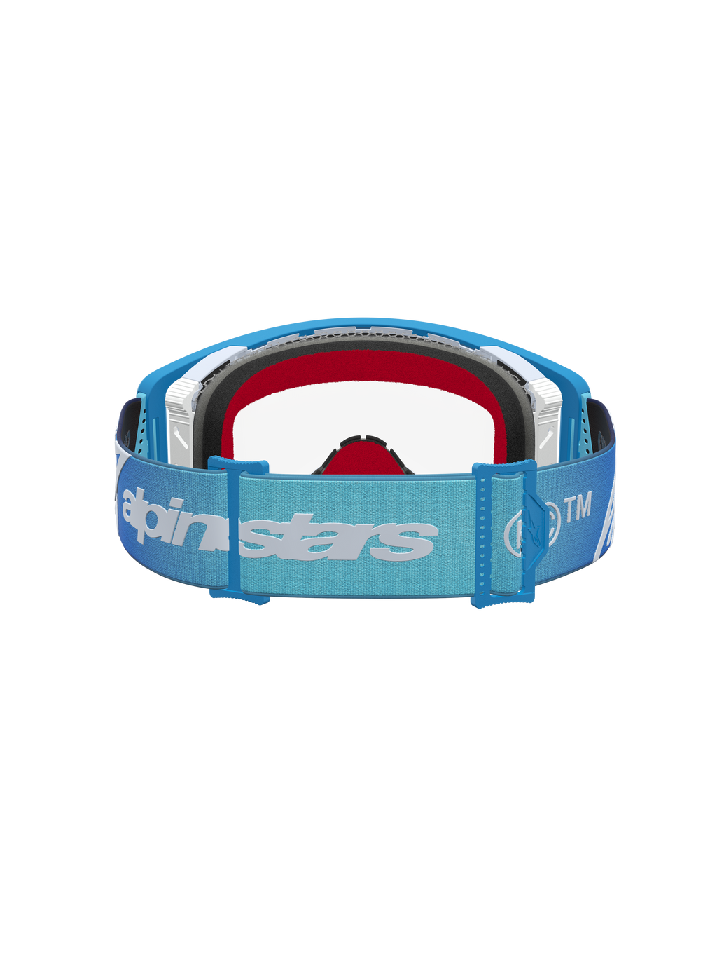 Alpinestars Supertech Dura Air Fluid Goggles, motocross-goggles med blå og sølv ramme, klar linse og justerbar strop med hvidt logo, professionel off-road beskyttelse.