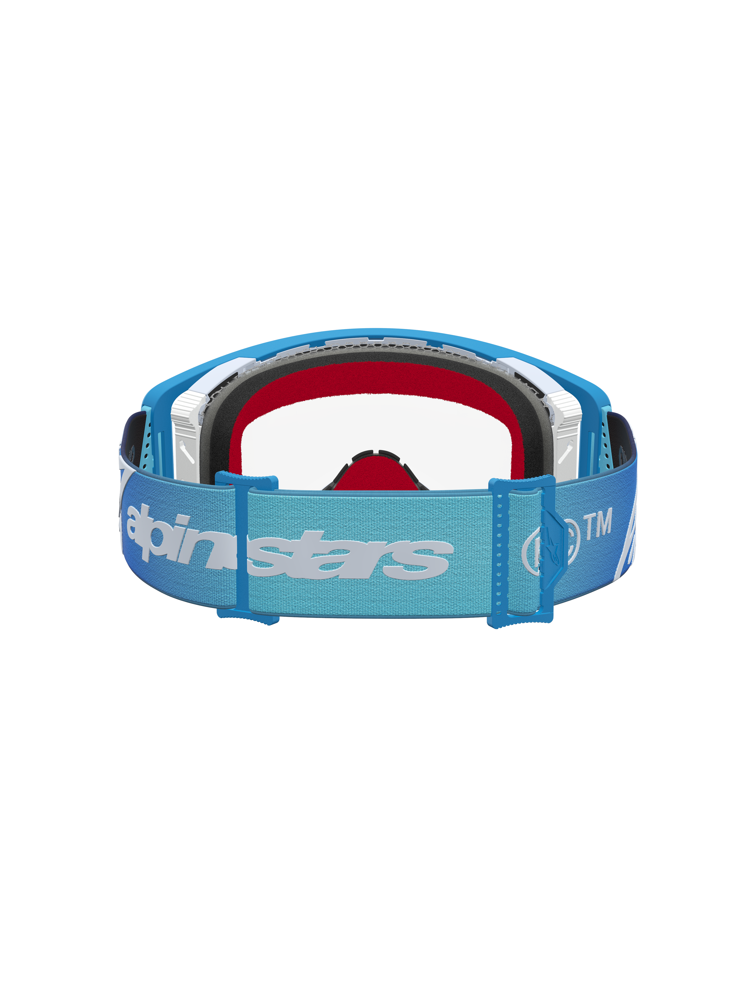 Alpinestars Supertech Dura Air Fluid Goggles, motocross-goggles med blå og sølv ramme, klar linse og justerbar strop med hvidt logo, professionel off-road beskyttelse.
