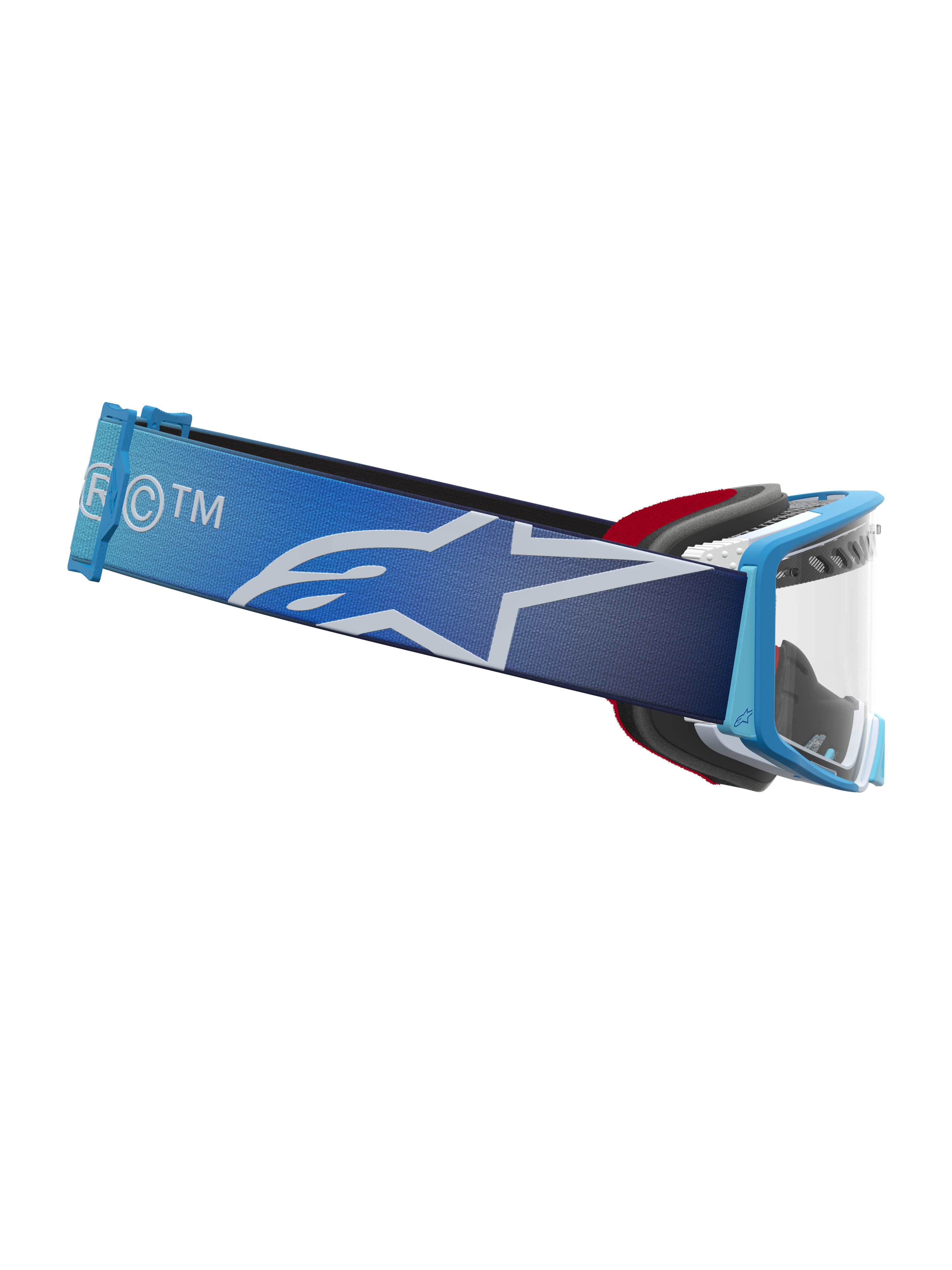 Alpinestars Supertech Dura Air Fluid Goggles, blå fade motocrossbriller med klar linse og bred rem med hvidt stjernelogo, professionelt off-road racerudstyr