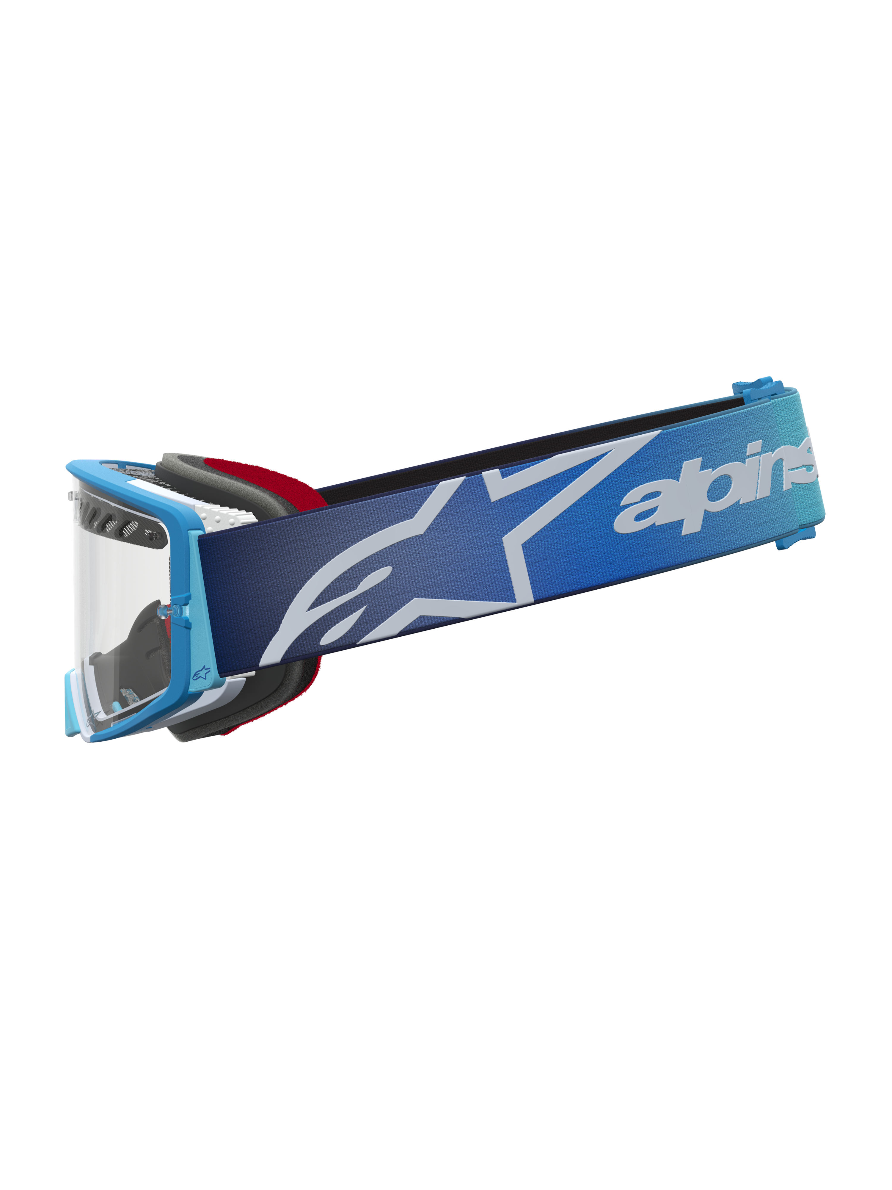 Alpinestars Supertech Dura Air Fluid Goggles, motocrossgoggles, blå fade, klar linse, logo-rem, udstyr til terrænkørsel