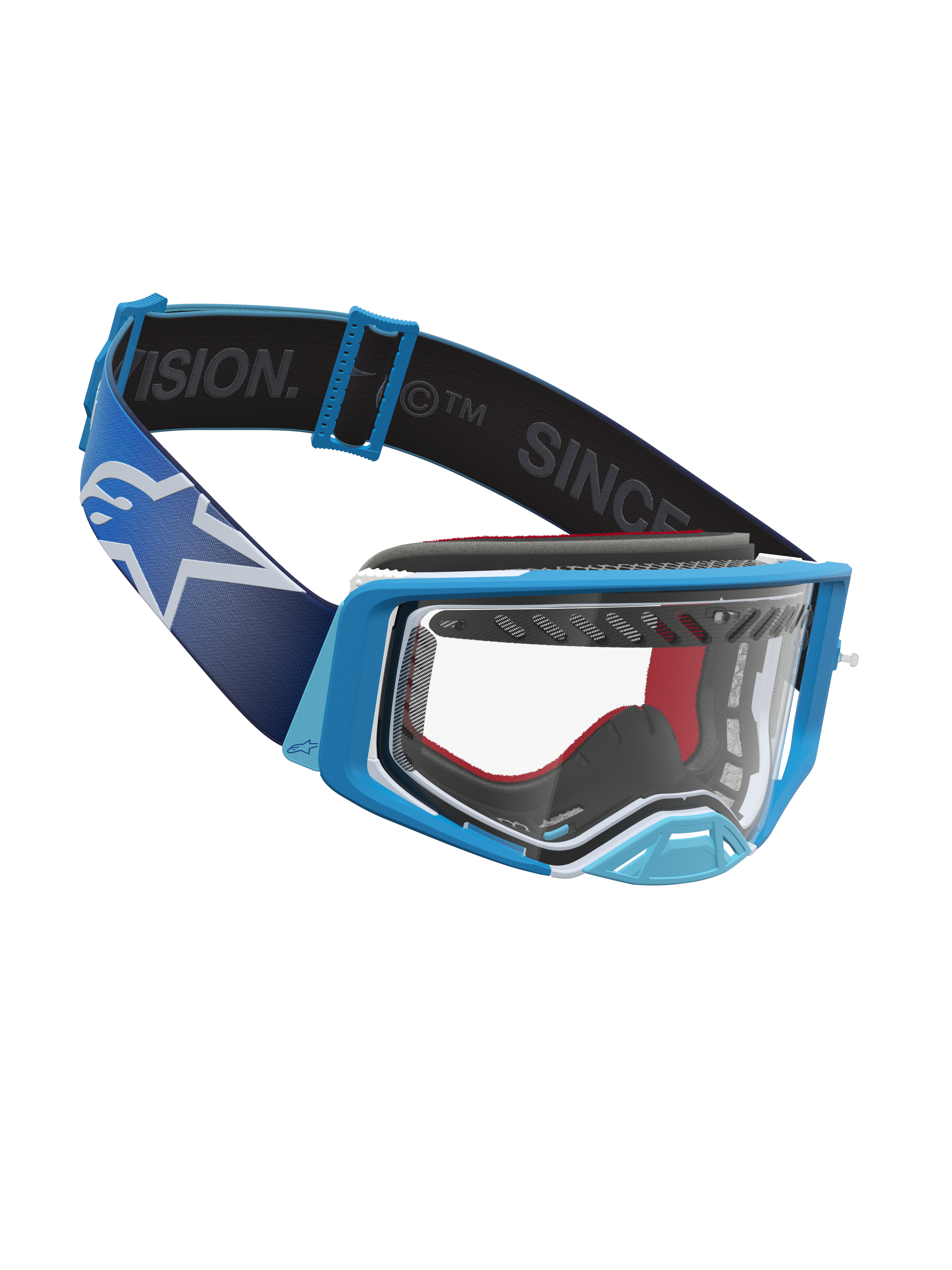 Alpinestars Supertech Dura Air Fluid Goggles, motocross racing, blå og hvid, klar polycarbonatlinse, bred rem