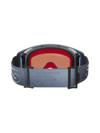 Alpinestars Supertech Vision Vista Goggles, set bagfra, blågrå justerbar rem med præget 'ONE GOAL. ONE VISION.' tekst, sort ansigtspolstring i flere lag, indvendigt kig på den tonede linse, designet til motocross-performance