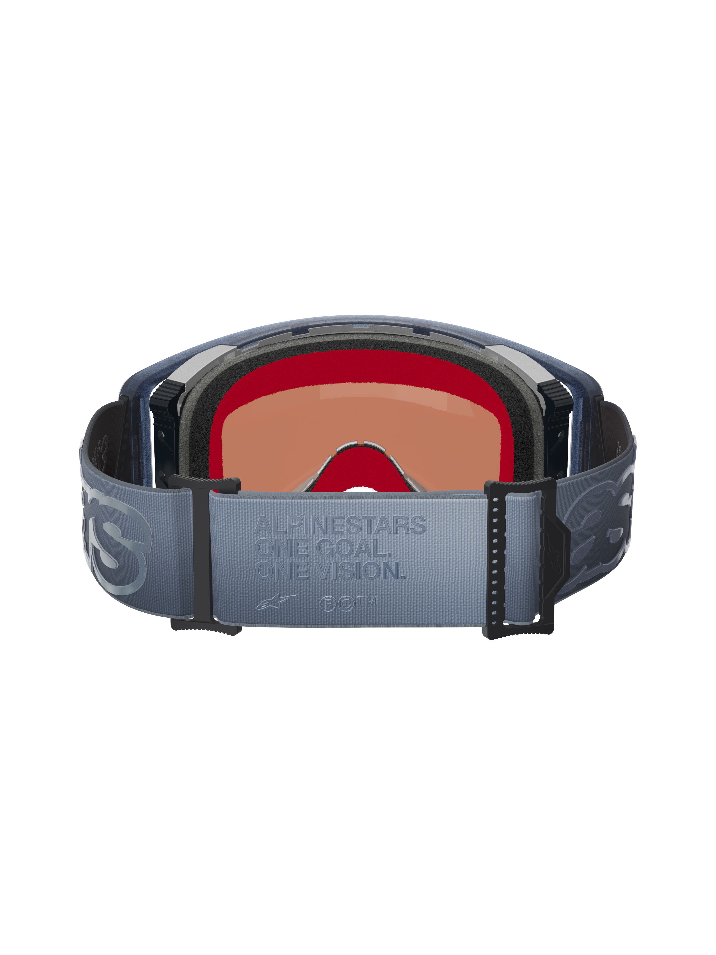 Alpinestars Supertech Vision Vista Goggles, set bagfra, blågrå justerbar rem med præget 'ONE GOAL. ONE VISION.' tekst, sort ansigtspolstring i flere lag, indvendigt kig på den tonede linse, designet til motocross-performance