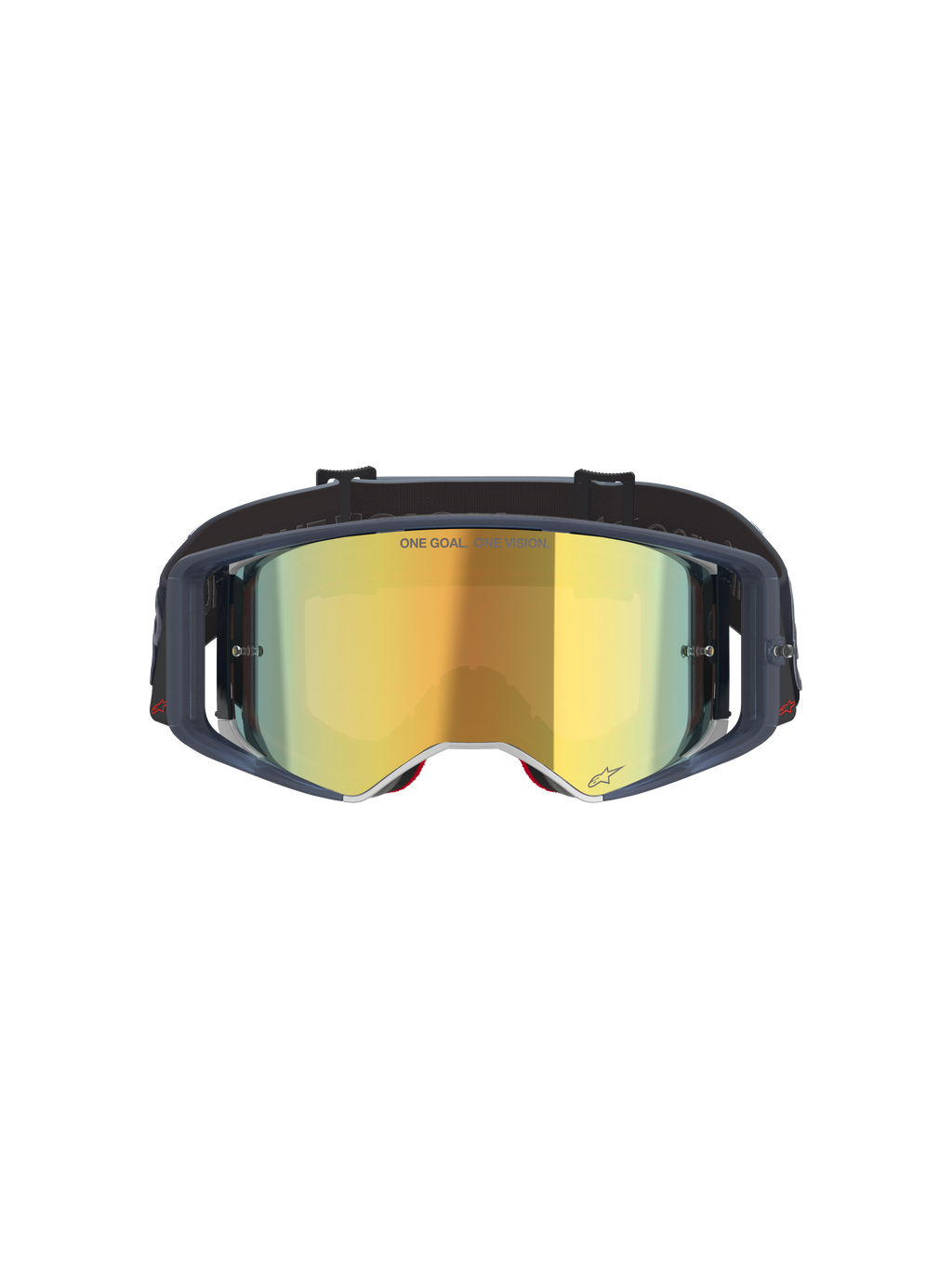 Alpinestars Supertech Vision Vista goggles, motocross-briller, Black Mirror Gold, set forfra med guld-spejlglas og mørk ramme, professionelle off-road racerbriller med "ONE GOAL. ONE VISION." tekst og logodetaljer.
