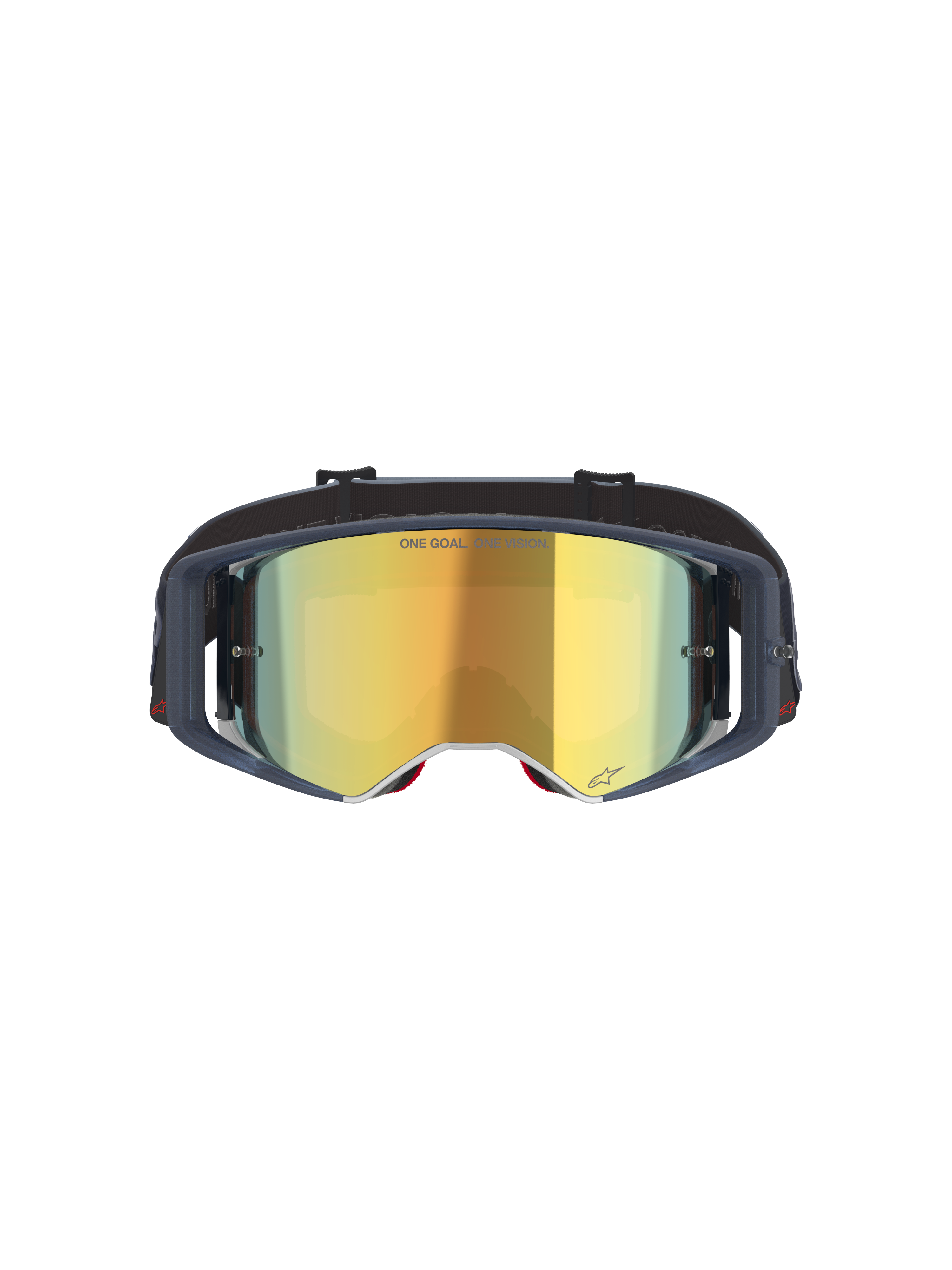 Alpinestars Supertech Vision Vista goggles, motocross-briller, Black Mirror Gold, set forfra med guld-spejlglas og mørk ramme, professionelle off-road racerbriller med "ONE GOAL. ONE VISION." tekst og logodetaljer.