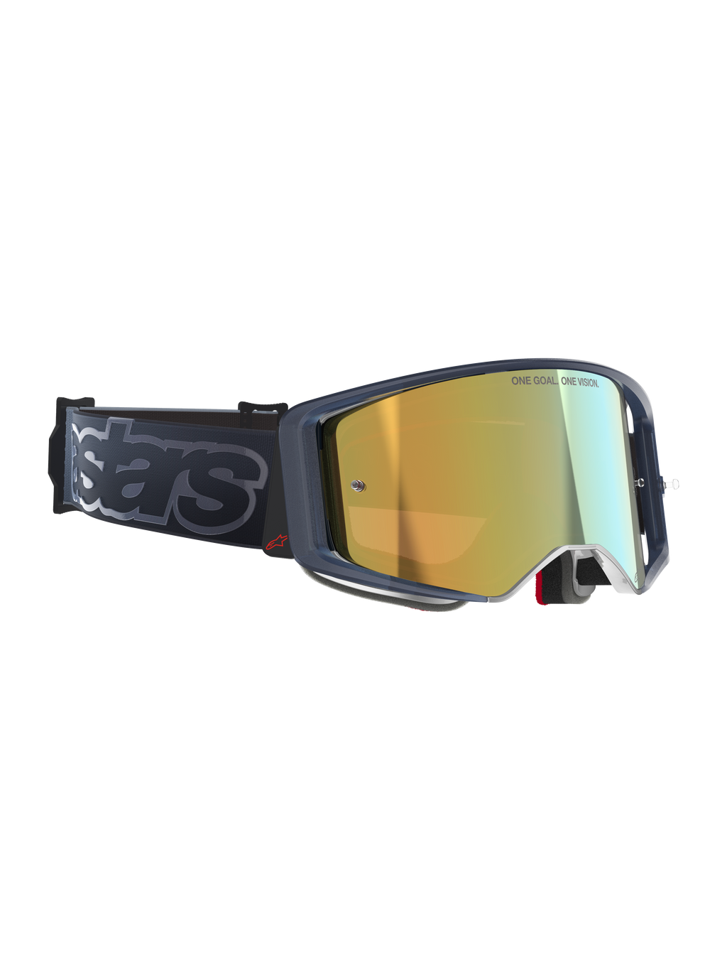 Alpinestars Supertech Vision Vista goggles, motocross-briller, Black Mirror Gold, guld spejlglas med 'ONE GOAL. ONE VISION.'-inskription, mørk ramme med rødt logo, bred sort rem med grå 'stars'-branding, elite performance off-road briller