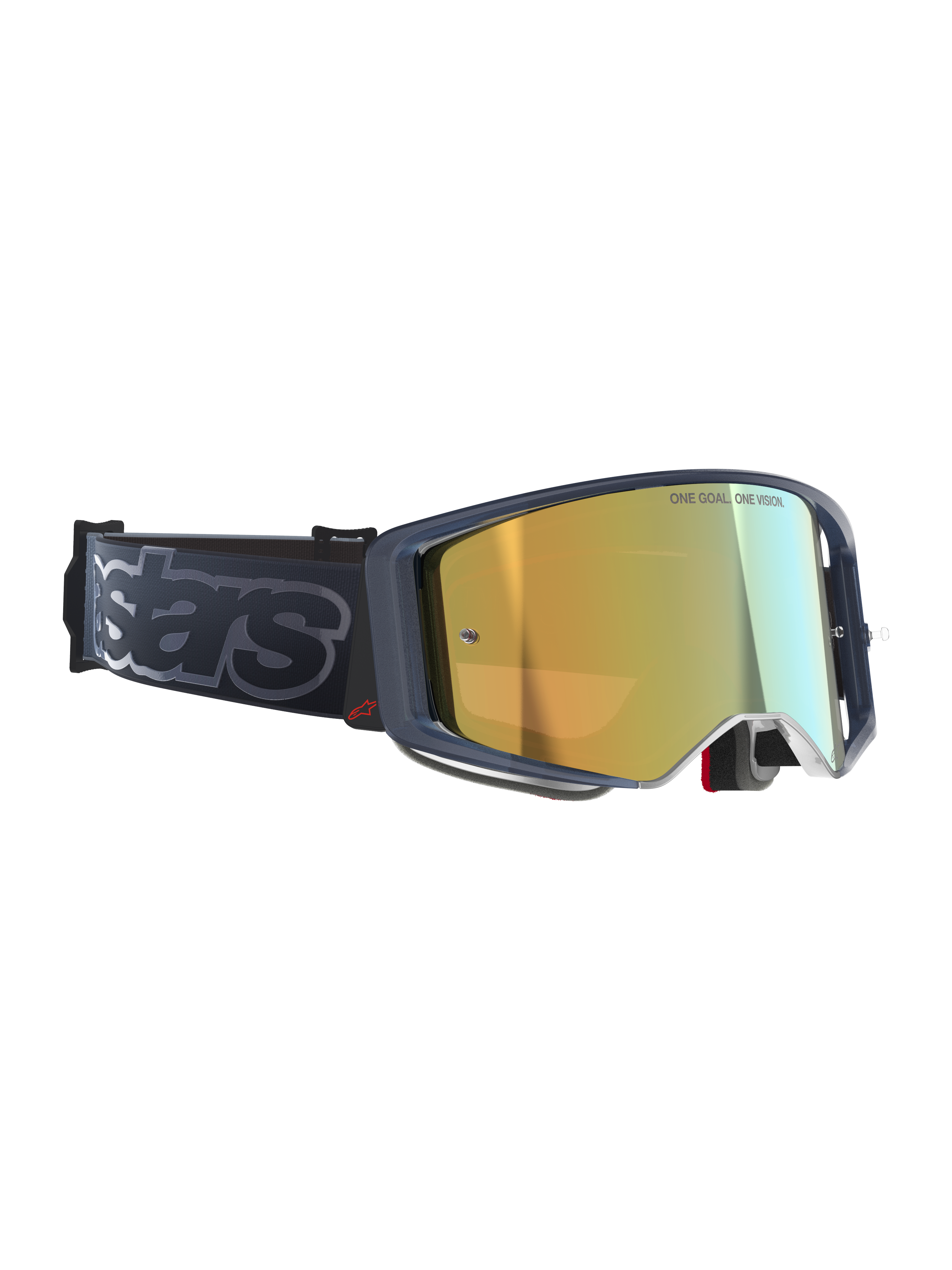 Alpinestars Supertech Vision Vista goggles, motocross-briller, Black Mirror Gold, guld spejlglas med 'ONE GOAL. ONE VISION.'-inskription, mørk ramme med rødt logo, bred sort rem med grå 'stars'-branding, elite performance off-road briller