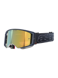 Alpinestars Supertech Vision Vista Goggles, motocrossbriller, Black Mirror Gold-farve, mørkt gennemsigtigt stel, guldspejllinse med "ONE GOAL. ONE VISION."-tekst, sort rem med stort præget gråt "astars"-logo