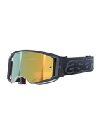 Alpinestars Supertech Vision Vista Goggles, motocrossbriller, Black Mirror Gold-farve, mørkt gennemsigtigt stel, guldspejllinse med "ONE GOAL. ONE VISION."-tekst, sort rem med stort præget gråt "astars"-logo