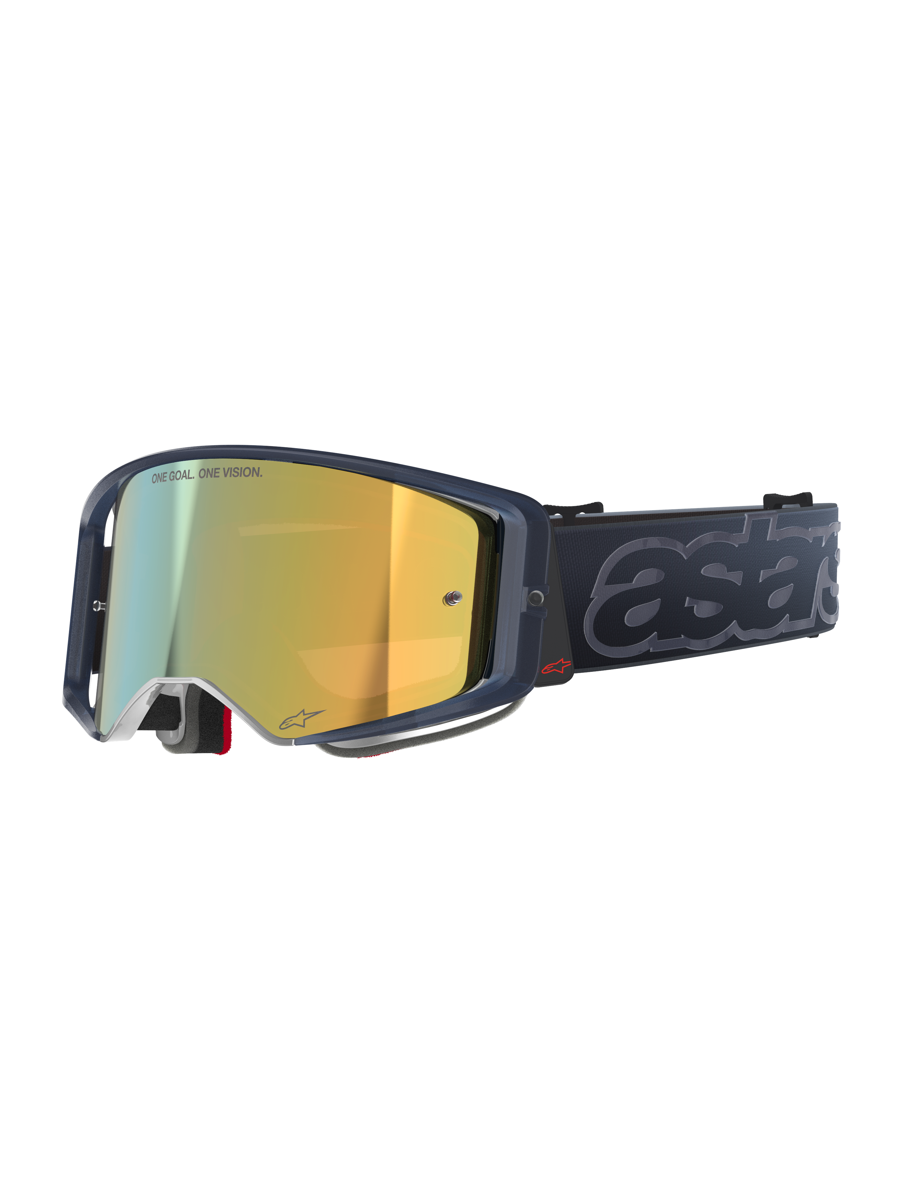 Alpinestars Supertech Vision Vista Goggles, motocrossbriller, Black Mirror Gold-farve, mørkt gennemsigtigt stel, guldspejllinse med "ONE GOAL. ONE VISION."-tekst, sort rem med stort præget gråt "astars"-logo