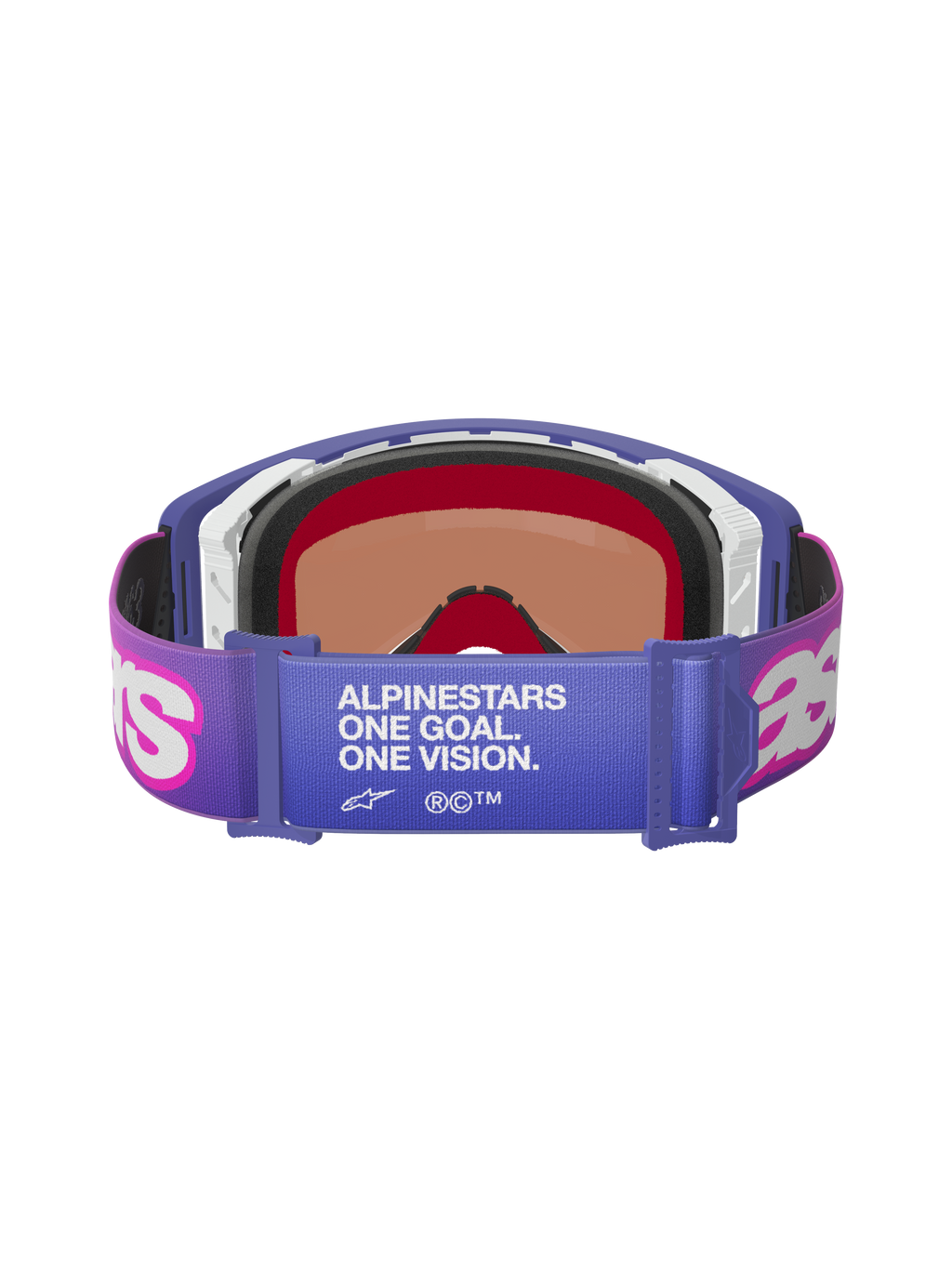 Alpinestars Supertech Vision Vista Goggles, Purple Fluo Pink Mirror Blue, set bagfra med elastisk rem med hvid "ALPINESTARS ONE GOAL. ONE VISION." tekst, lyserøde Astar-logoer, lilla stel med tyk skumpolstring, professionelle racerbriller til terrænkørsel