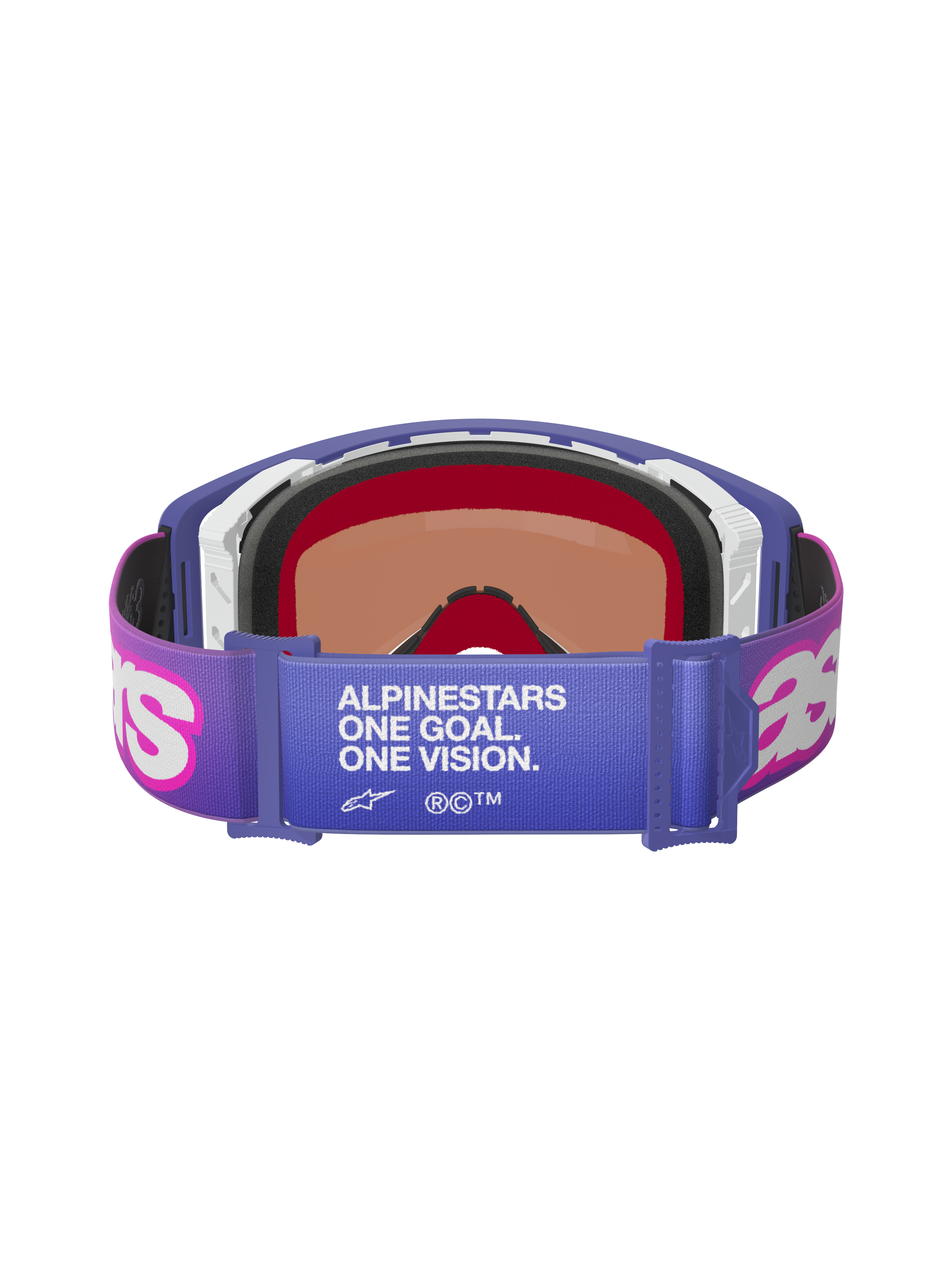 Alpinestars Supertech Vision Vista Goggles, Purple Fluo Pink Mirror Blue, set bagfra med elastisk rem med hvid "ALPINESTARS ONE GOAL. ONE VISION." tekst, lyserøde Astar-logoer, lilla stel med tyk skumpolstring, professionelle racerbriller til terrænkørsel