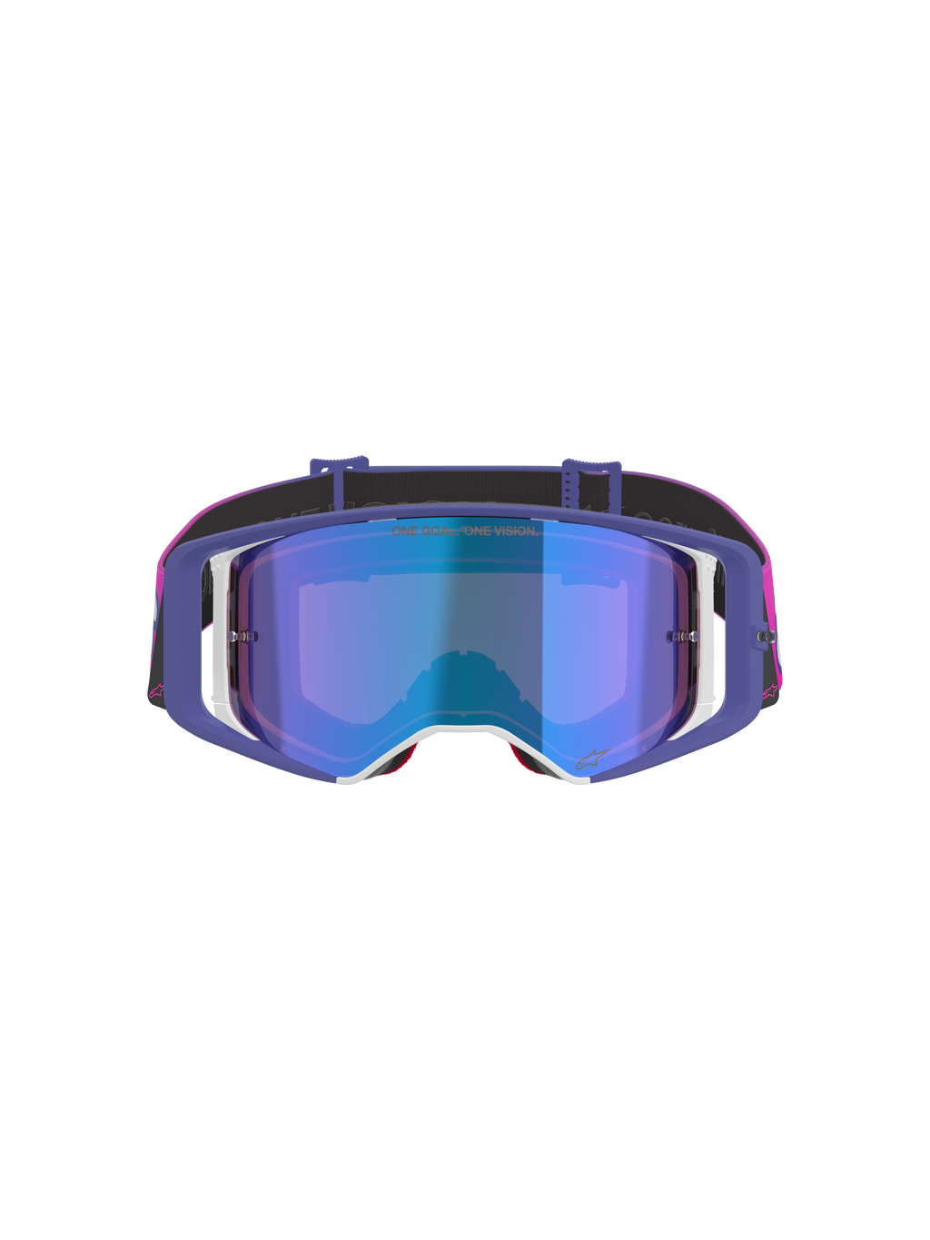 Alpinestars Supertech Vision Vista Goggles, motocrossbriller, lilla, fluorescerende pink og spejlblå, set forfra med en spejlblå tonet linse, lilla stel med hvide detaljer og en livlig pink og sort rem med Alpinestars-branding.