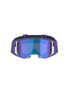Alpinestars Supertech Vision Vista Goggles, motocrossbriller, lilla, fluorescerende pink og spejlblå, set forfra med en spejlblå tonet linse, lilla stel med hvide detaljer og en livlig pink og sort rem med Alpinestars-branding.