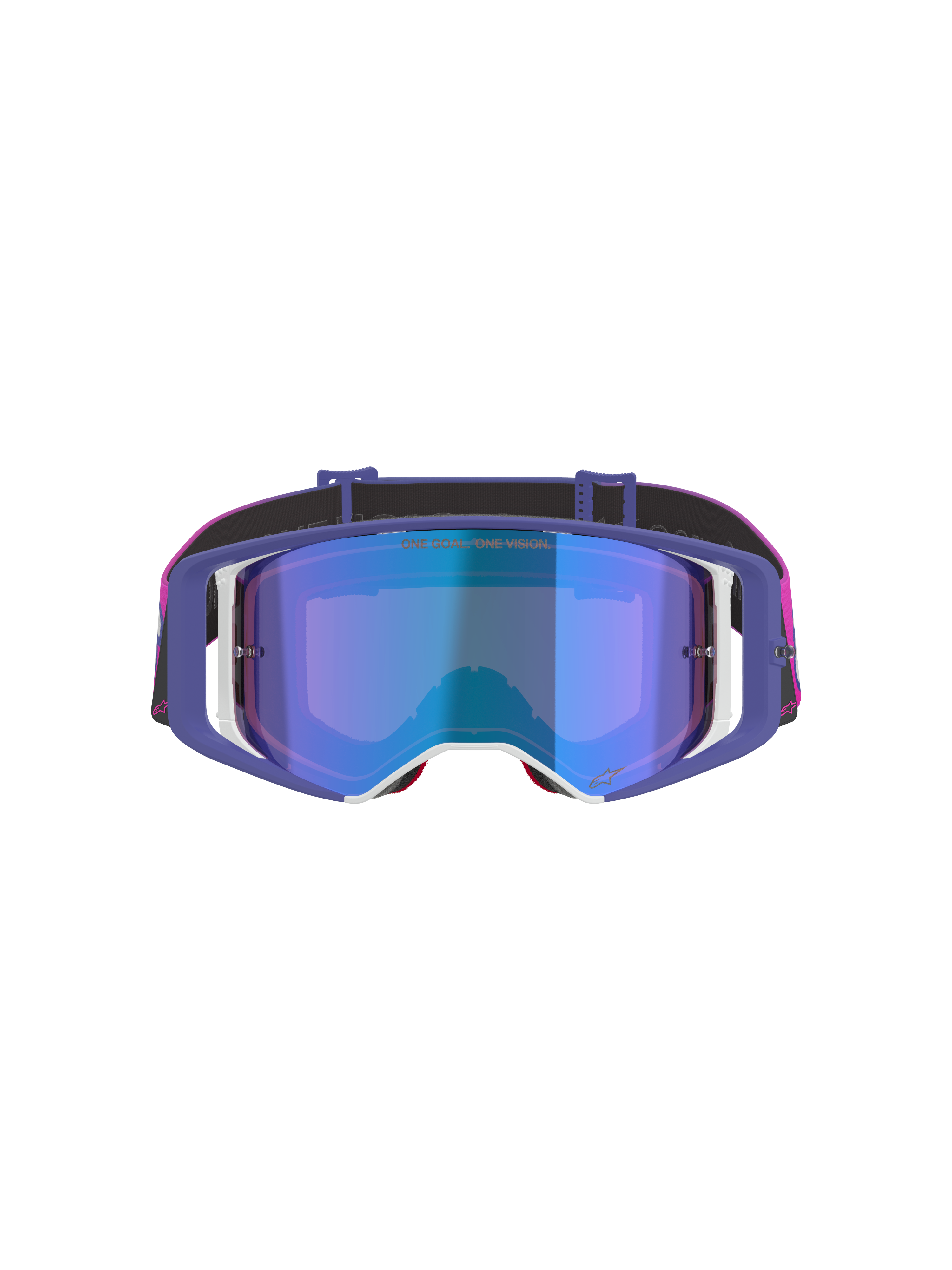 Alpinestars Supertech Vision Vista Goggles, motocrossbriller, lilla, fluorescerende pink og spejlblå, set forfra med en spejlblå tonet linse, lilla stel med hvide detaljer og en livlig pink og sort rem med Alpinestars-branding.