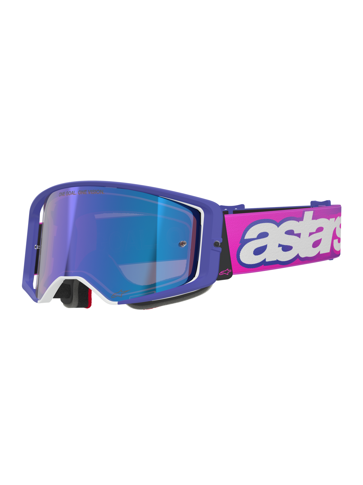 Alpinestars Supertech Vision Vista goggles, motocross-briller, lilla stel med hvide detaljer og blå spejllinse, neonpink rem med markant hvidt 'astars'-logo, professionelt beskyttelsesudstyr til off-road racing