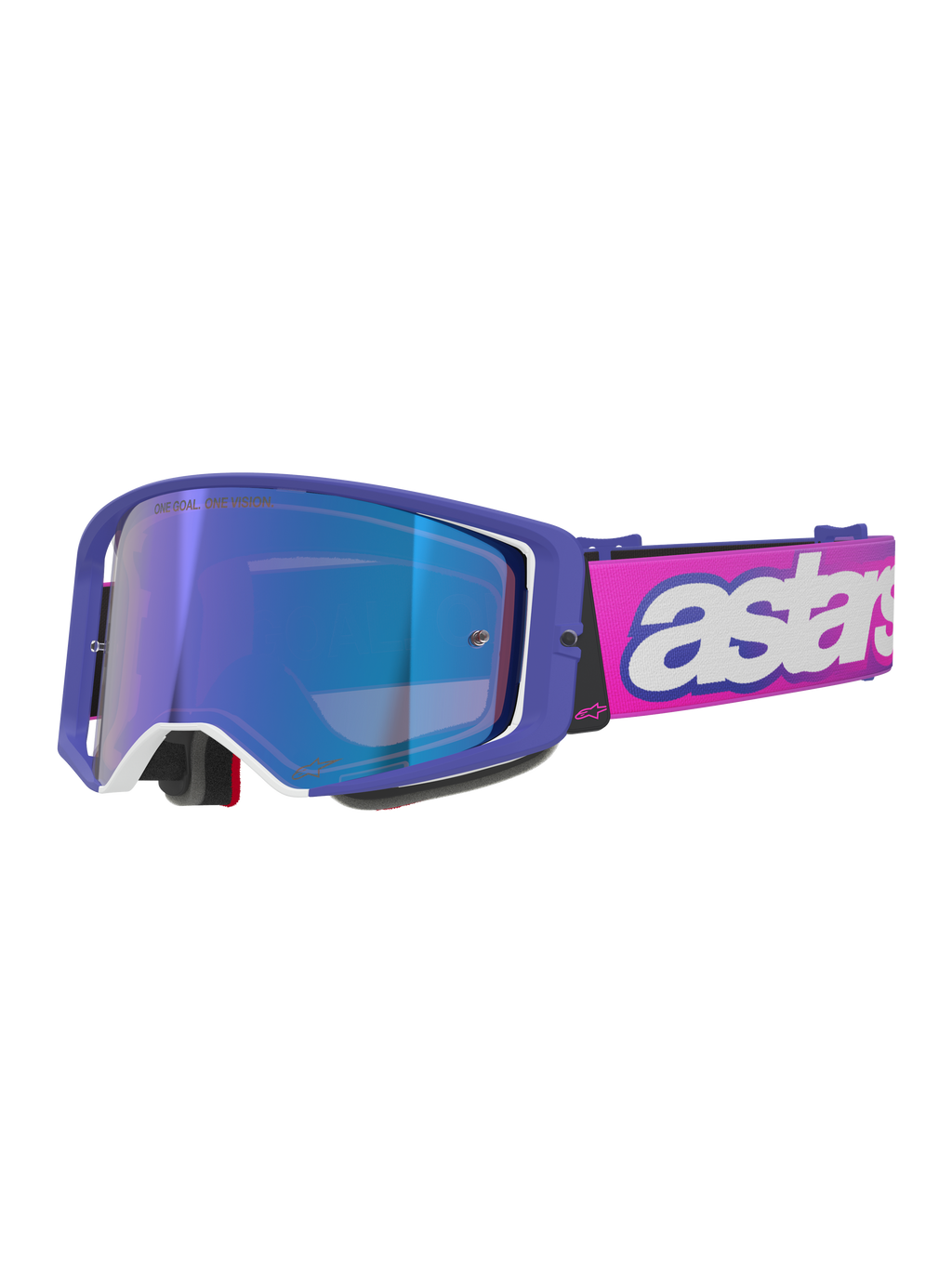 Alpinestars Supertech Vision Vista goggles, motocross-briller, lilla stel med hvide detaljer og blå spejllinse, neonpink rem med markant hvidt 'astars'-logo, professionelt beskyttelsesudstyr til off-road racing
