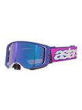 Alpinestars Supertech Vision Vista goggles, motocross-briller, lilla stel med hvide detaljer og blå spejllinse, neonpink rem med markant hvidt 'astars'-logo, professionelt beskyttelsesudstyr til off-road racing
