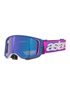 Alpinestars Supertech Vision Vista goggles, motocross-briller, lilla stel med hvide detaljer og blå spejllinse, neonpink rem med markant hvidt 'astars'-logo, professionelt beskyttelsesudstyr til off-road racing