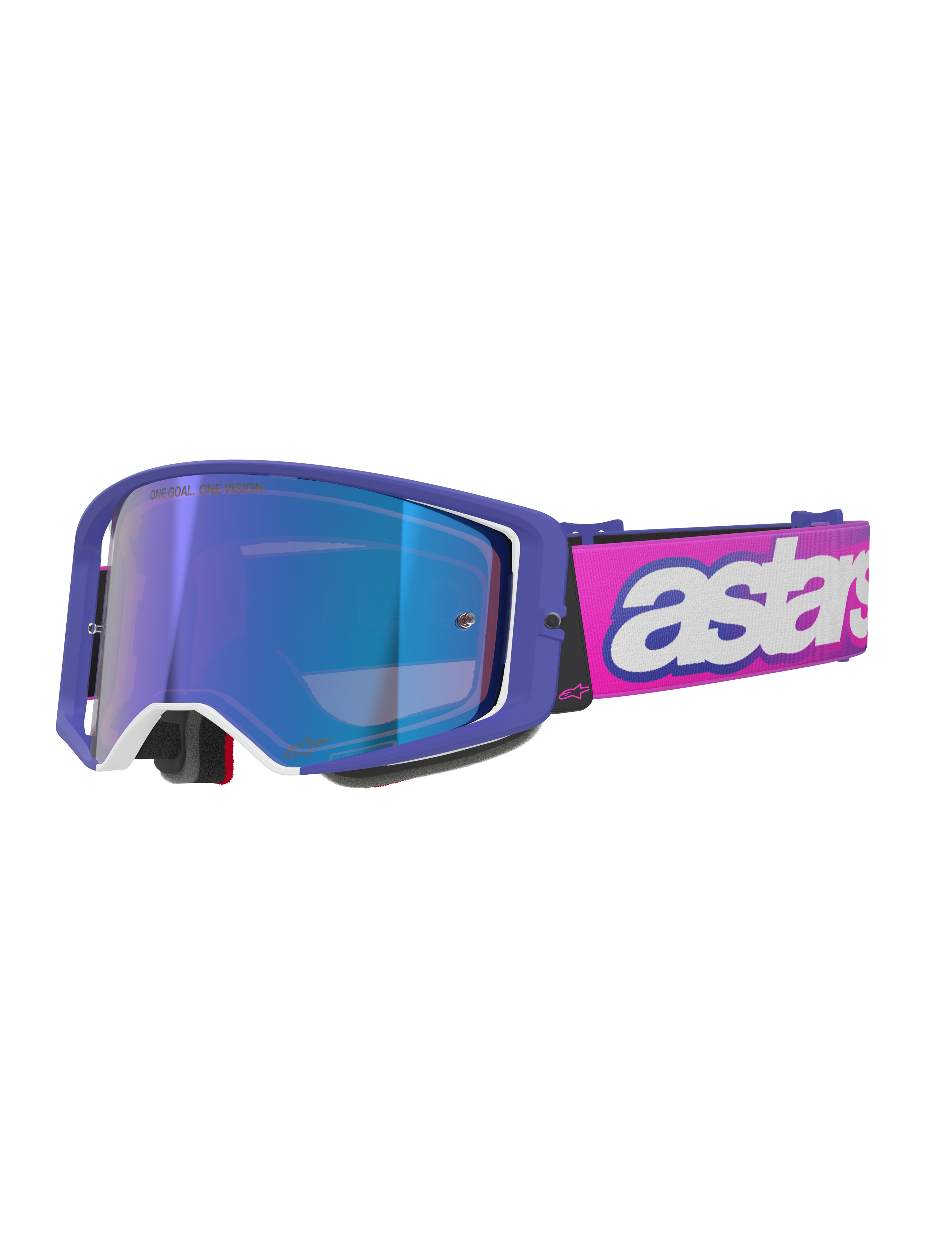 Alpinestars Supertech Vision Vista goggles, motocross-briller, lilla stel med hvide detaljer og blå spejllinse, neonpink rem med markant hvidt 'astars'-logo, professionelt beskyttelsesudstyr til off-road racing