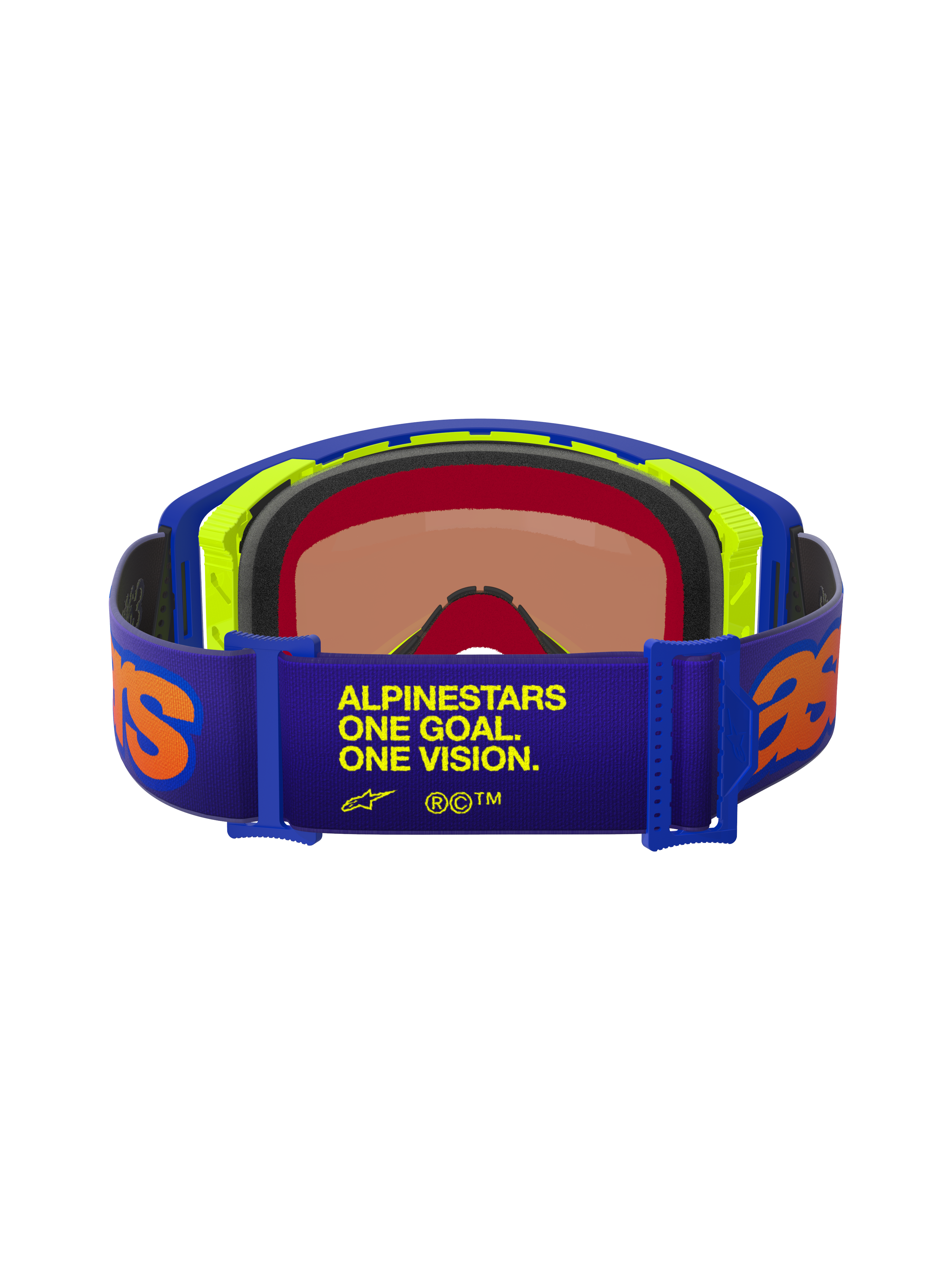 Alpinestars Supertech Vision Vista Goggles, set bagfra, lilla rem med gul "ONE GOAL. ONE VISION."-tekst og orange logoer, blå og neongul ramme, ansigtsskum i flere lag, Mirror Red-tonet linse, professionelle motocross-briller