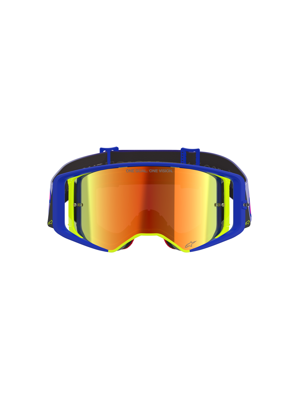 Alpinestars Supertech Vision Vista-goggles, motocross-briller, blå og gul ramme med Mirror Red-tonet linse, lilla og orange spejlinger, 'ONE GOAL. ONE VISION.' tekst på linsen, professionelle high-performance off-road-briller