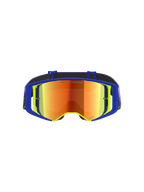 Alpinestars Supertech Vision Vista-goggles, motocross-briller, blå og gul ramme med Mirror Red-tonet linse, lilla og orange spejlinger, 'ONE GOAL. ONE VISION.' tekst på linsen, professionelle high-performance off-road-briller