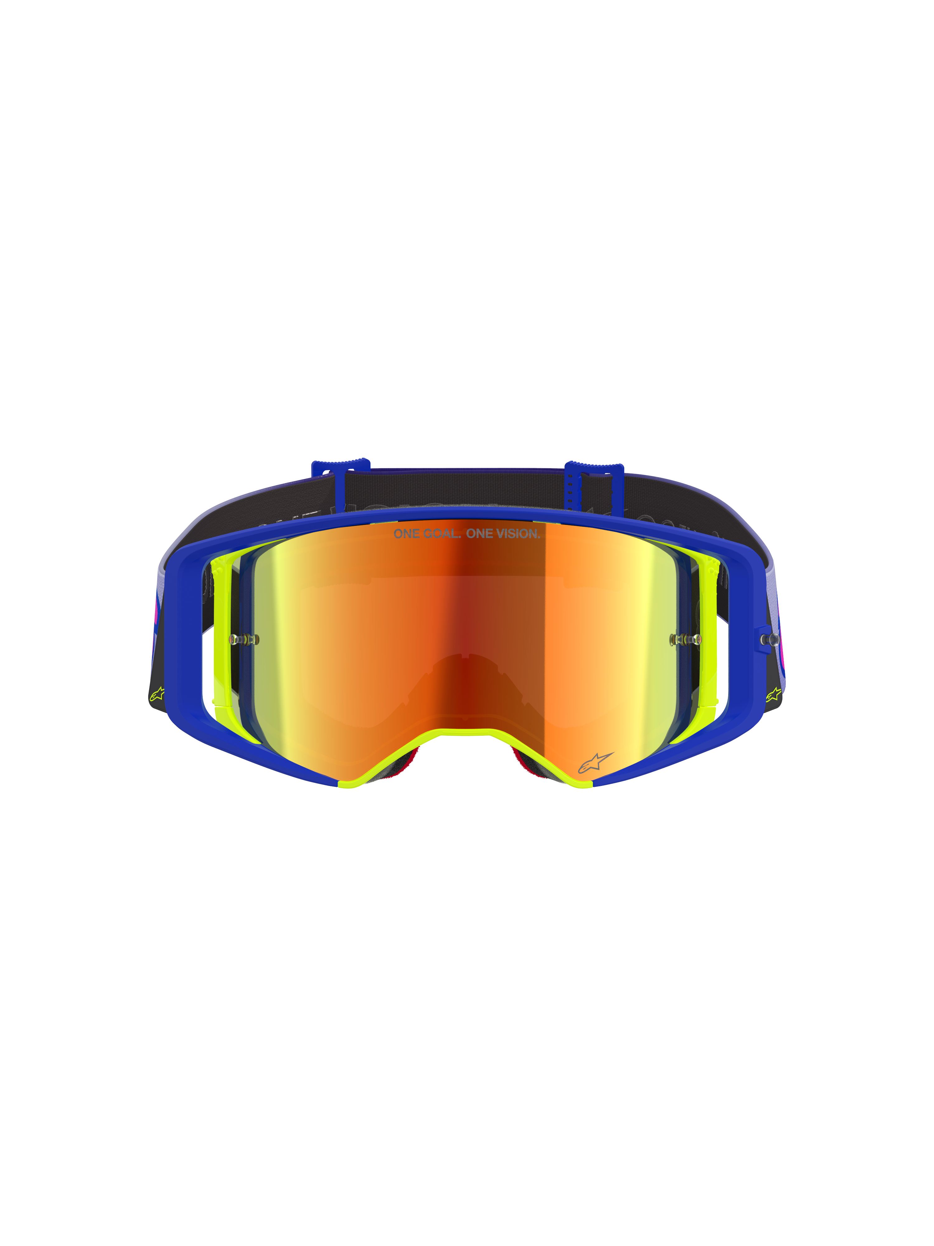 Alpinestars Supertech Vision Vista-goggles, motocross-briller, blå og gul ramme med Mirror Red-tonet linse, lilla og orange spejlinger, 'ONE GOAL. ONE VISION.' tekst på linsen, professionelle high-performance off-road-briller