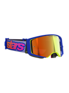 Alpinestars Supertech Vision Vista goggles, motocross-briller, blå og gul ramme med Mirror Red-tonet linse, lilla rem med markant pink Alpinestars-branding, professionelt eyewear til off-road racing