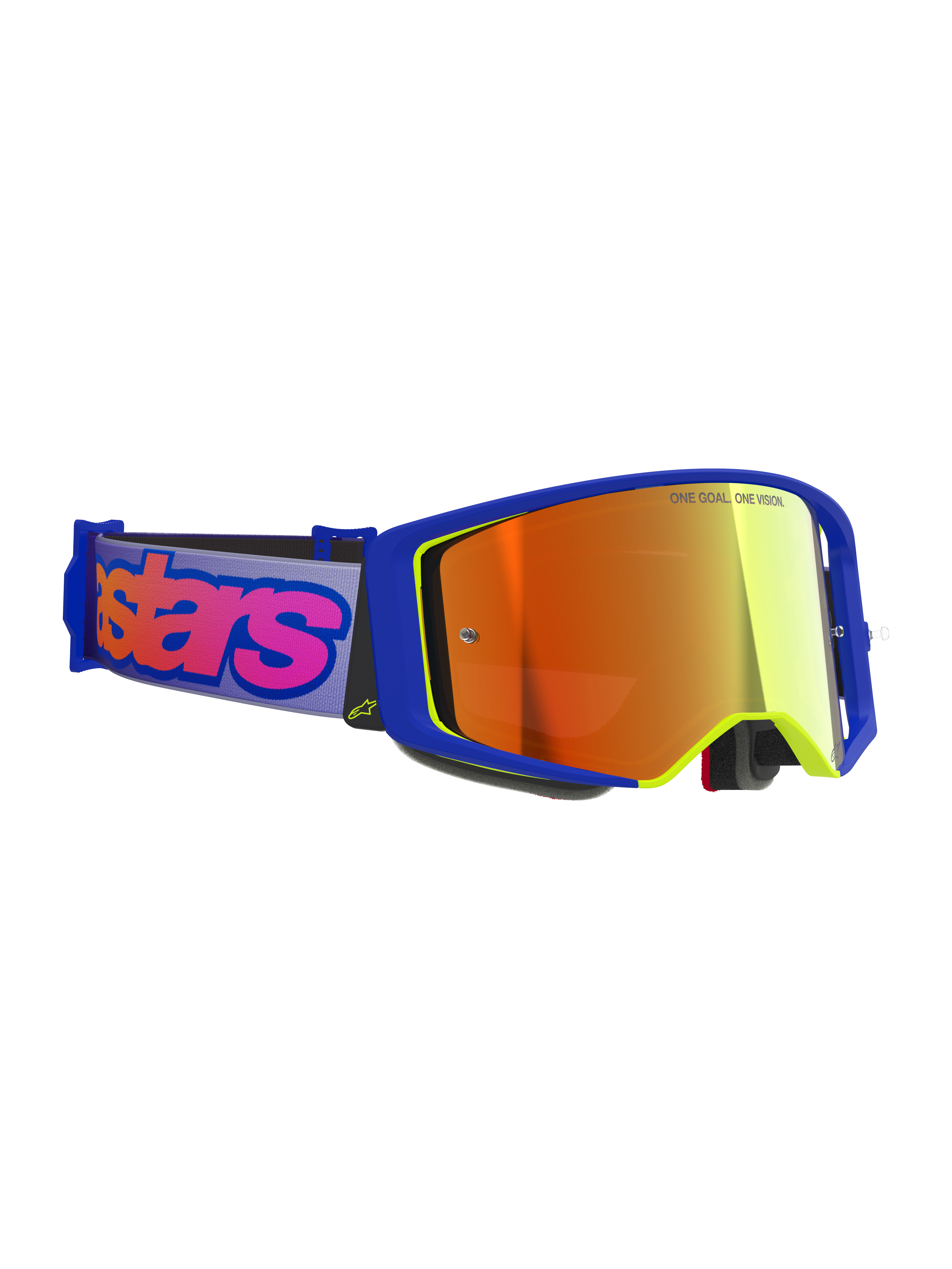 Alpinestars Supertech Vision Vista goggles, motocross-briller, blå og gul ramme med Mirror Red-tonet linse, lilla rem med markant pink Alpinestars-branding, professionelt eyewear til off-road racing