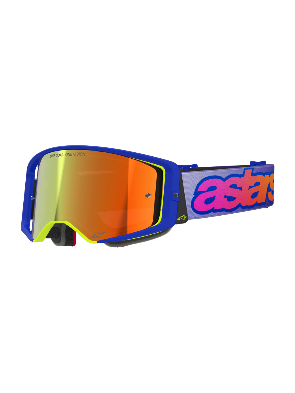 Alpinestars Supertech Vision Vista goggles, motocross-briller, blå ramme med neongule detaljer, orange-rød spejllinse, lyslilla rem med lyserød og orange "astars" branding, "ONE GOAL. ONE VISION." tekst på linsen