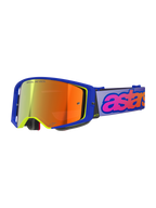 Alpinestars Supertech Vision Vista goggles, motocross-briller, blå ramme med neongule detaljer, orange-rød spejllinse, lyslilla rem med lyserød og orange "astars" branding, "ONE GOAL. ONE VISION." tekst på linsen
