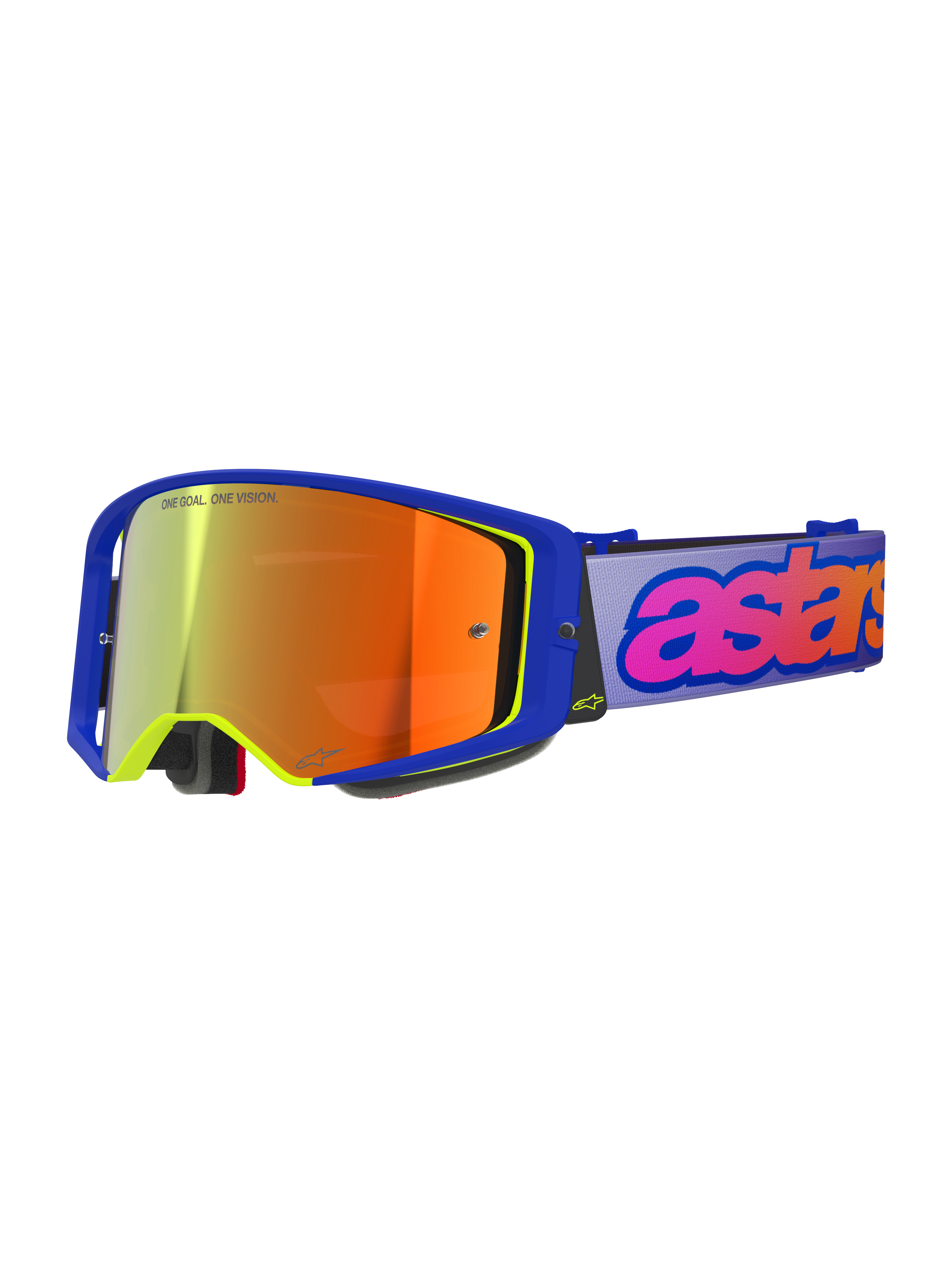 Alpinestars Supertech Vision Vista goggles, motocross-briller, blå ramme med neongule detaljer, orange-rød spejllinse, lyslilla rem med lyserød og orange "astars" branding, "ONE GOAL. ONE VISION." tekst på linsen