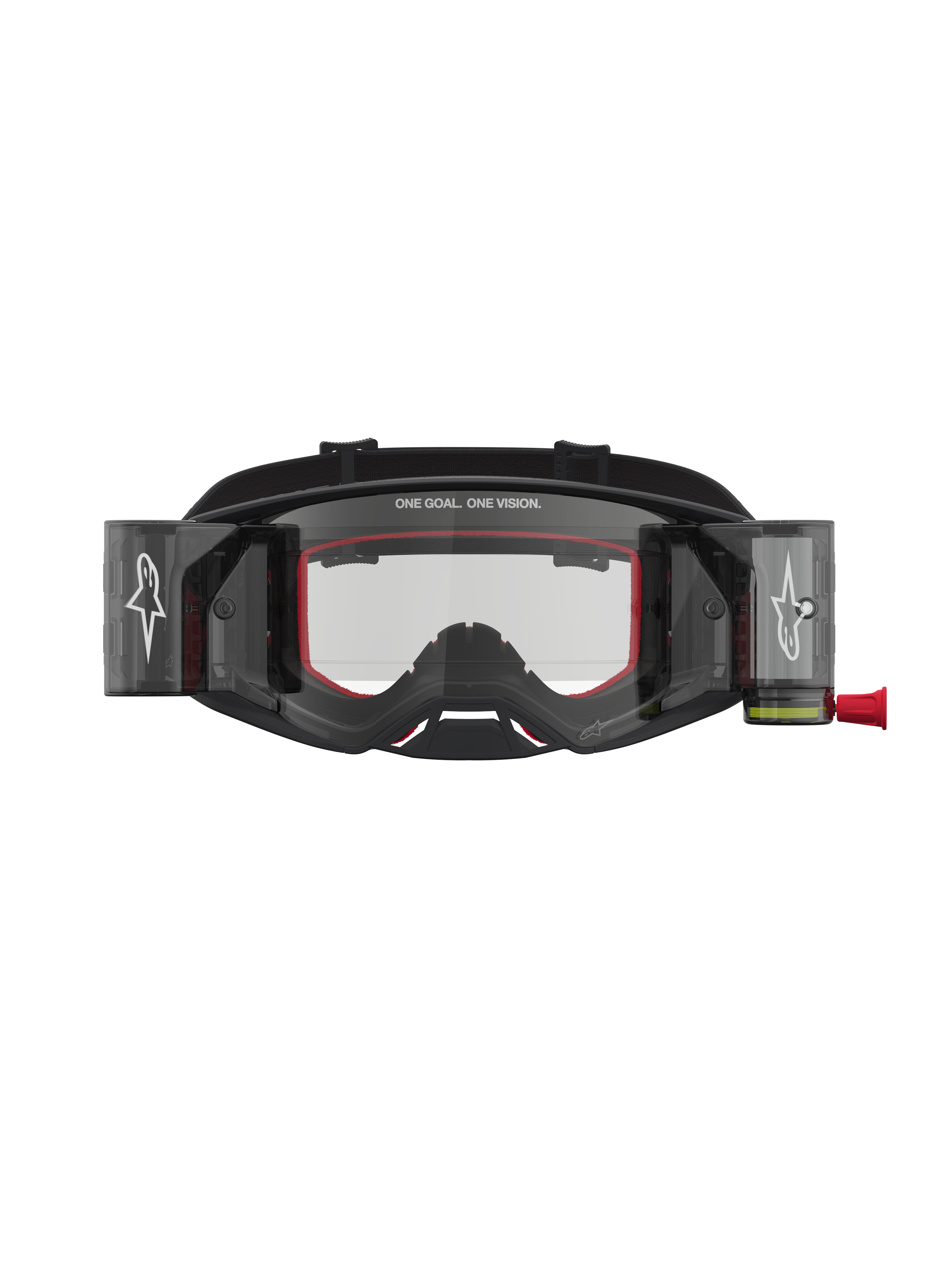 Alpinestars Supertech Firma Roll Off Goggles, professionelle motocrossgoggles, sort og sølv med røde detaljer og klar linse.