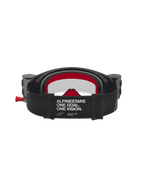 Alpinestars Supertech Firma Roll Off Goggles, motocrossgoggles til terrænkørsel, sort og rød, bred rem med hvidt tekstlogo, integreret roll-off system med rød træksnor, klar linse.