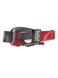 Alpinestars Supertech Firma Roll Off Goggles in red and silver for motocross, featuring clear lenses and roll-off canisters.
