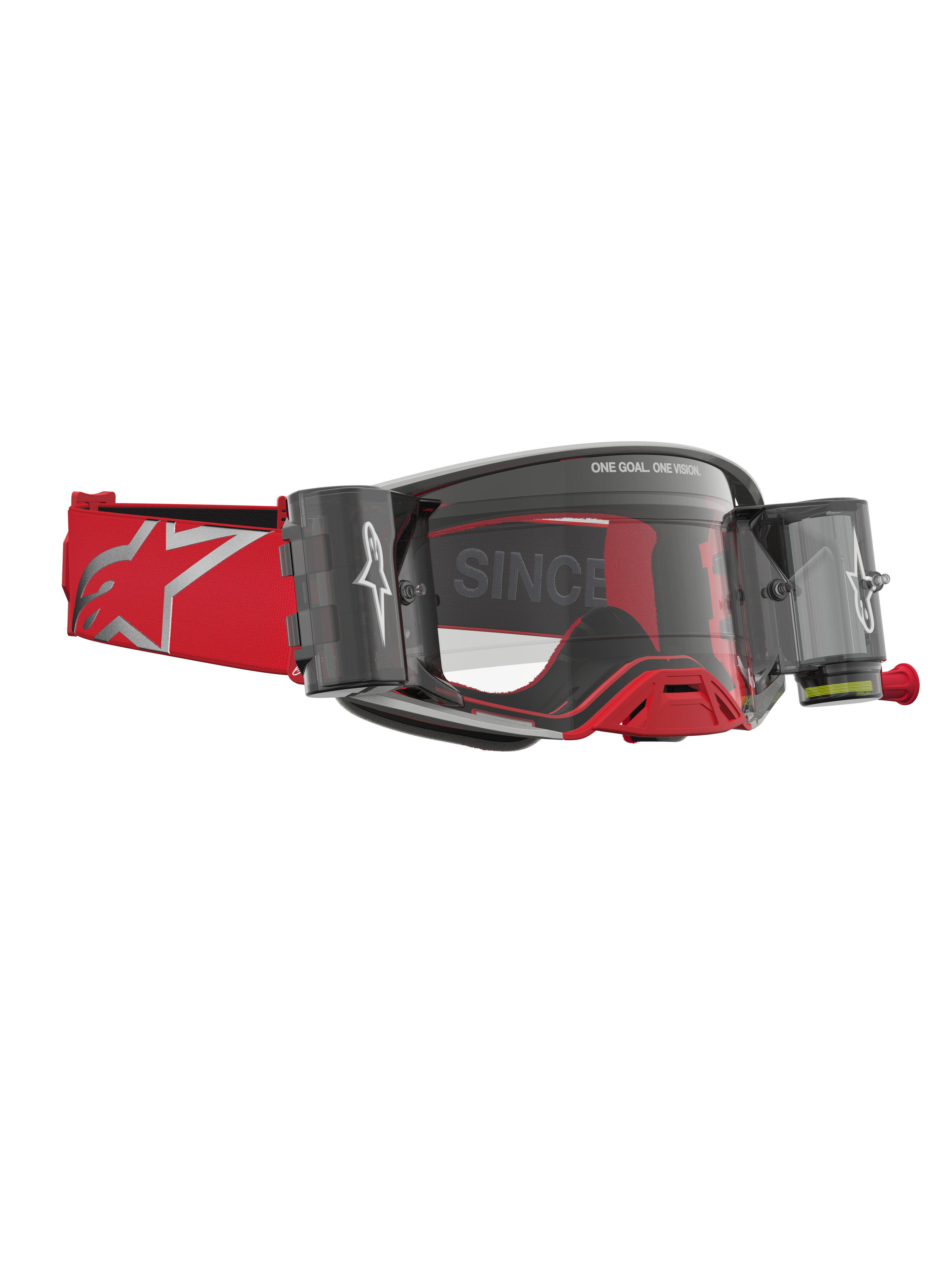Alpinestars Supertech Firma Roll Off Goggles, rød og sølv motocrossbriller med roll-off system og klar linse.