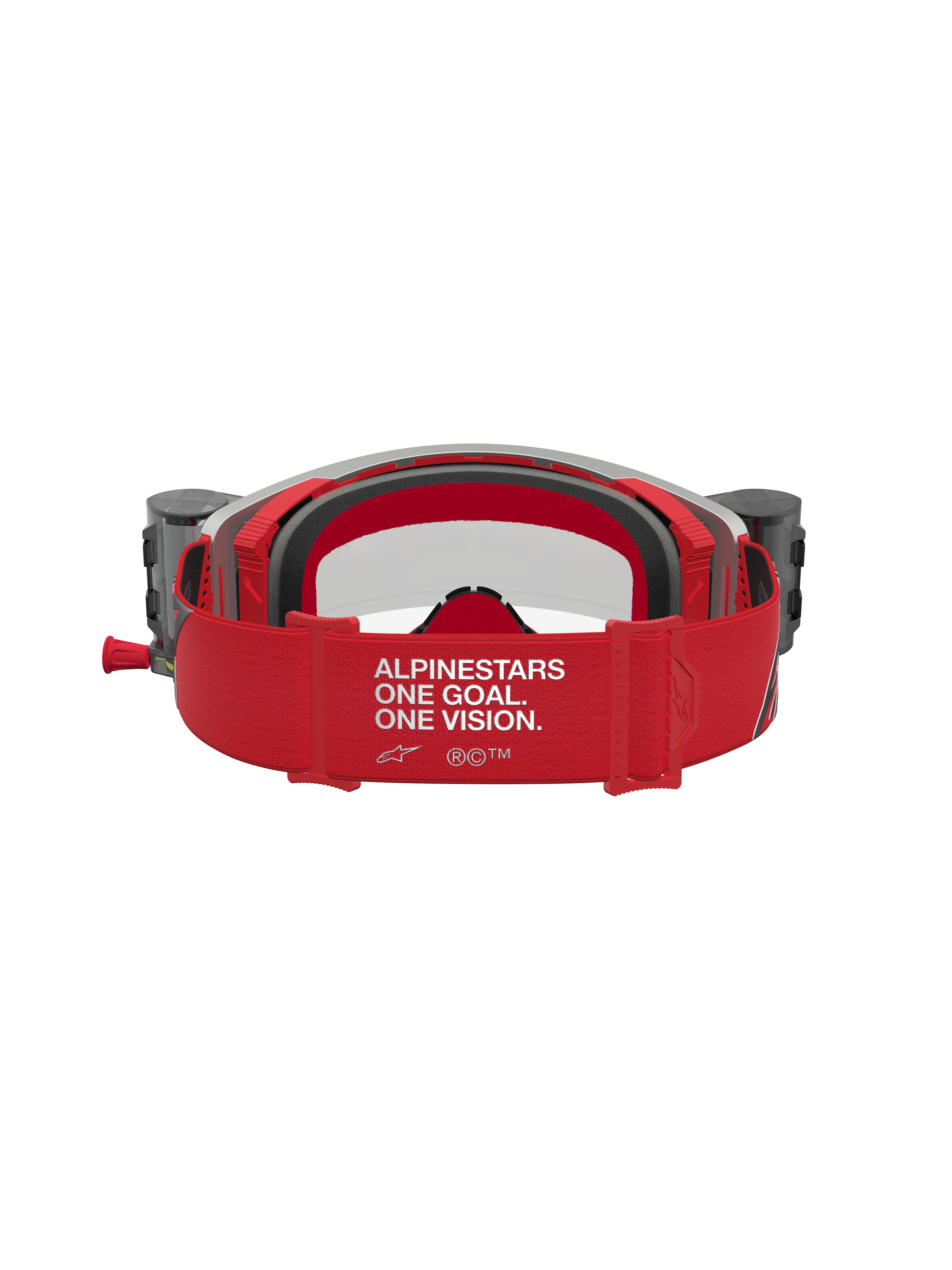 Alpinestars Supertech Firma roll-off goggles, rød og sølv motocrossbriller med bred logostrop til off-road kørsel.