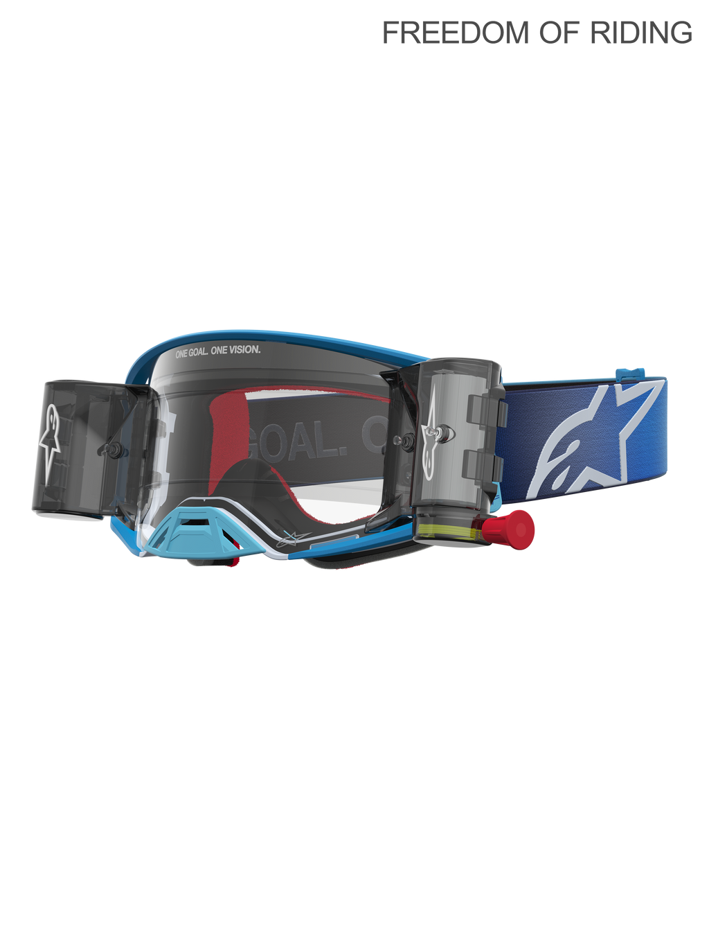 Alpinestars Supertech Firma Roll off Goggles, professionelle motocross- og off-road goggles, blå og sølv, med integreret roll-off system, klar linse i høj kvalitet og bred blå justerbar rem med hvidt logo.