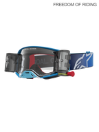 Alpinestars Supertech Firma Roll off Goggles, professionelle motocross- og off-road goggles, blå og sølv, med integreret roll-off system, klar linse i høj kvalitet og bred blå justerbar rem med hvidt logo.