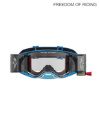 Alpinestars Supertech Firma Roll off Goggles, professionelle motocross- og off-road-goggles, blå og sølv, med integreret roll-off system for klart udsyn, polykarbonatlinse med høj klarhed og fugtstyring til Supercross- og Enduro-kørsel.