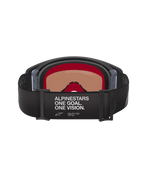 Alpinestars Supertech Corp Goggles Absolute Vision, motocrossbriller, sort og grå, set bagfra med sort justerbar rem og hvid 'ALPINESTARS ONE GOAL. ONE VISION.' tekst, varmtonet linse og flerlags ansigtsskum.