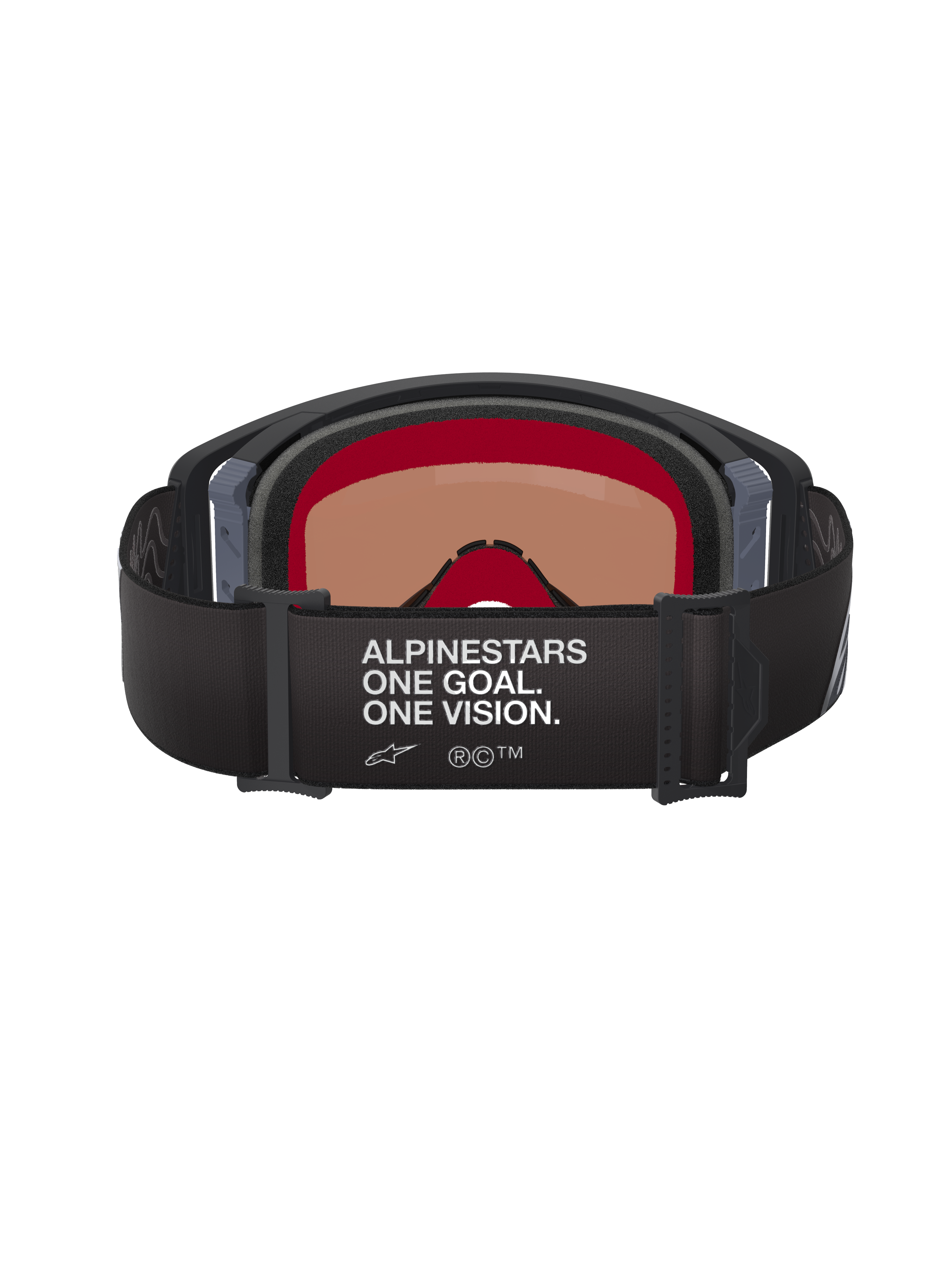 Alpinestars Supertech Corp Goggles Absolute Vision, motocrossbriller, sort og grå, set bagfra med sort justerbar rem og hvid 'ALPINESTARS ONE GOAL. ONE VISION.' tekst, varmtonet linse og flerlags ansigtsskum.