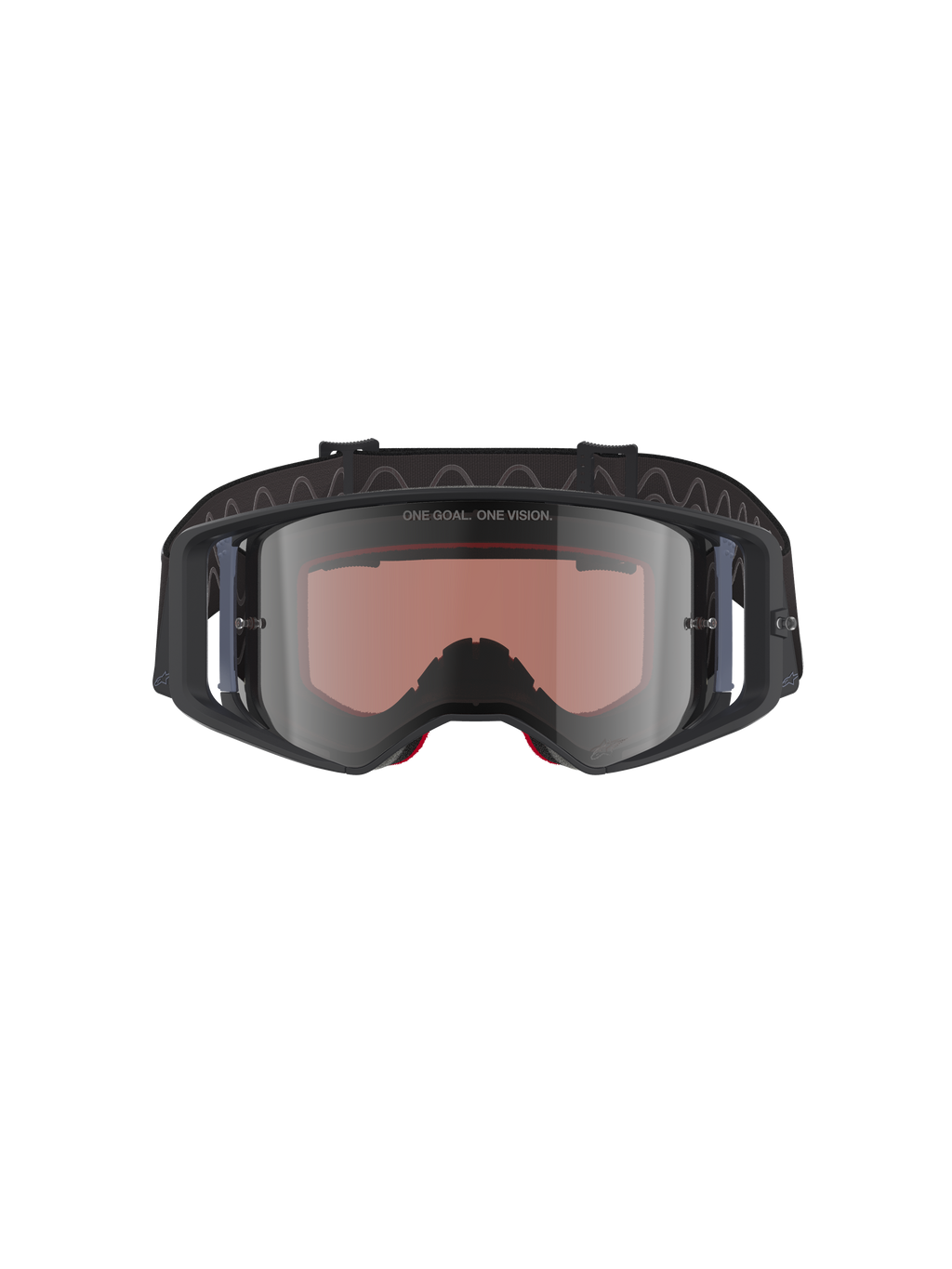 Alpinestars Supertech Corp Goggles Absolute Vision, motocrossbriller, sort grå spejl-sølv, med "ONE GOAL. ONE VISION." tekst på linsen, vidvinklet polycarbonatlinse, højtydende øjenbeskyttelse til off-road racing